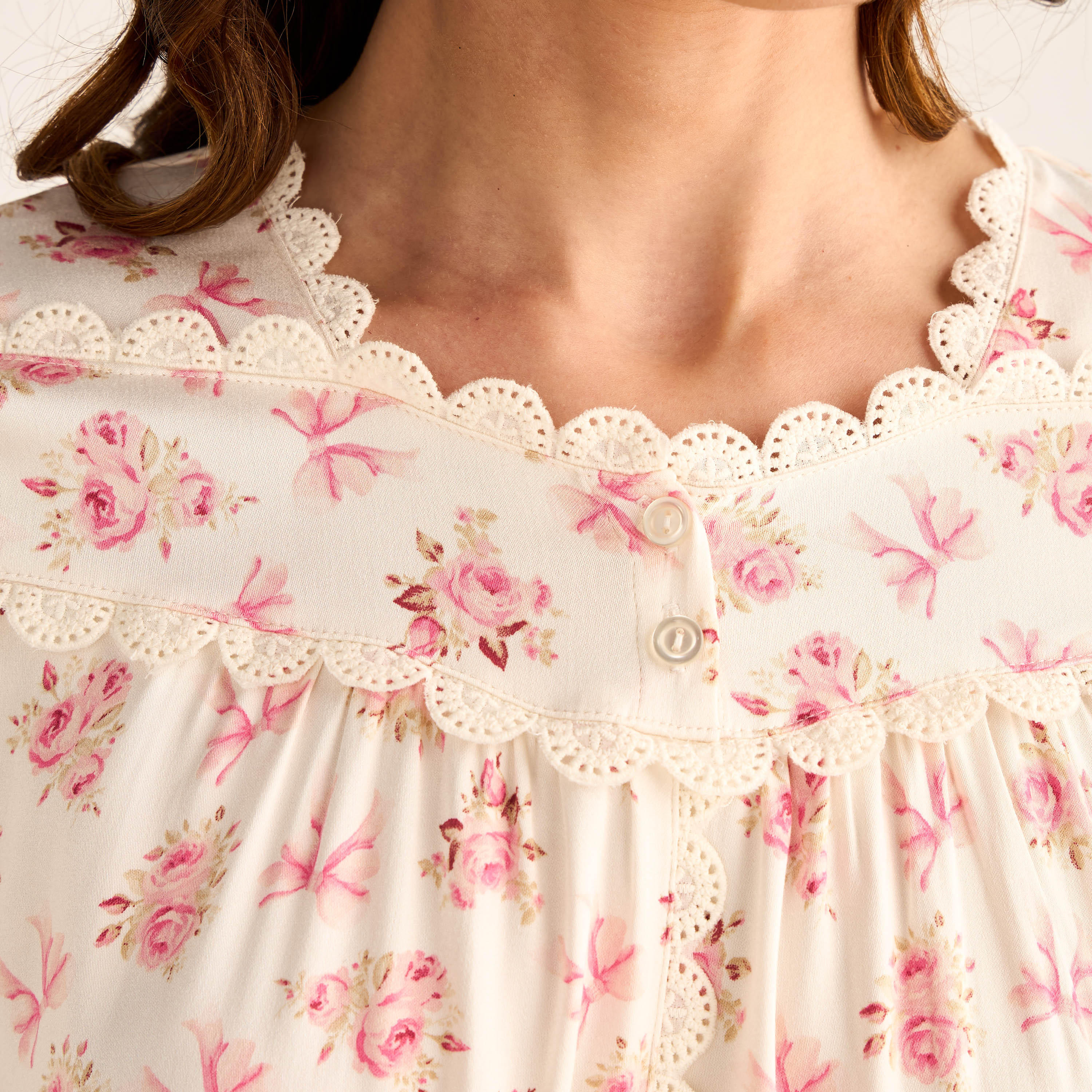Night Dress Short Sleeves Floral Print Lace Detail-women-clothing-nightwear-nighties-image-4