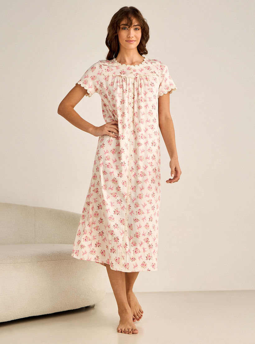 Night Dress Short Sleeves Floral Print Lace Detail-women-clothing-nightwear-nighties-image-5