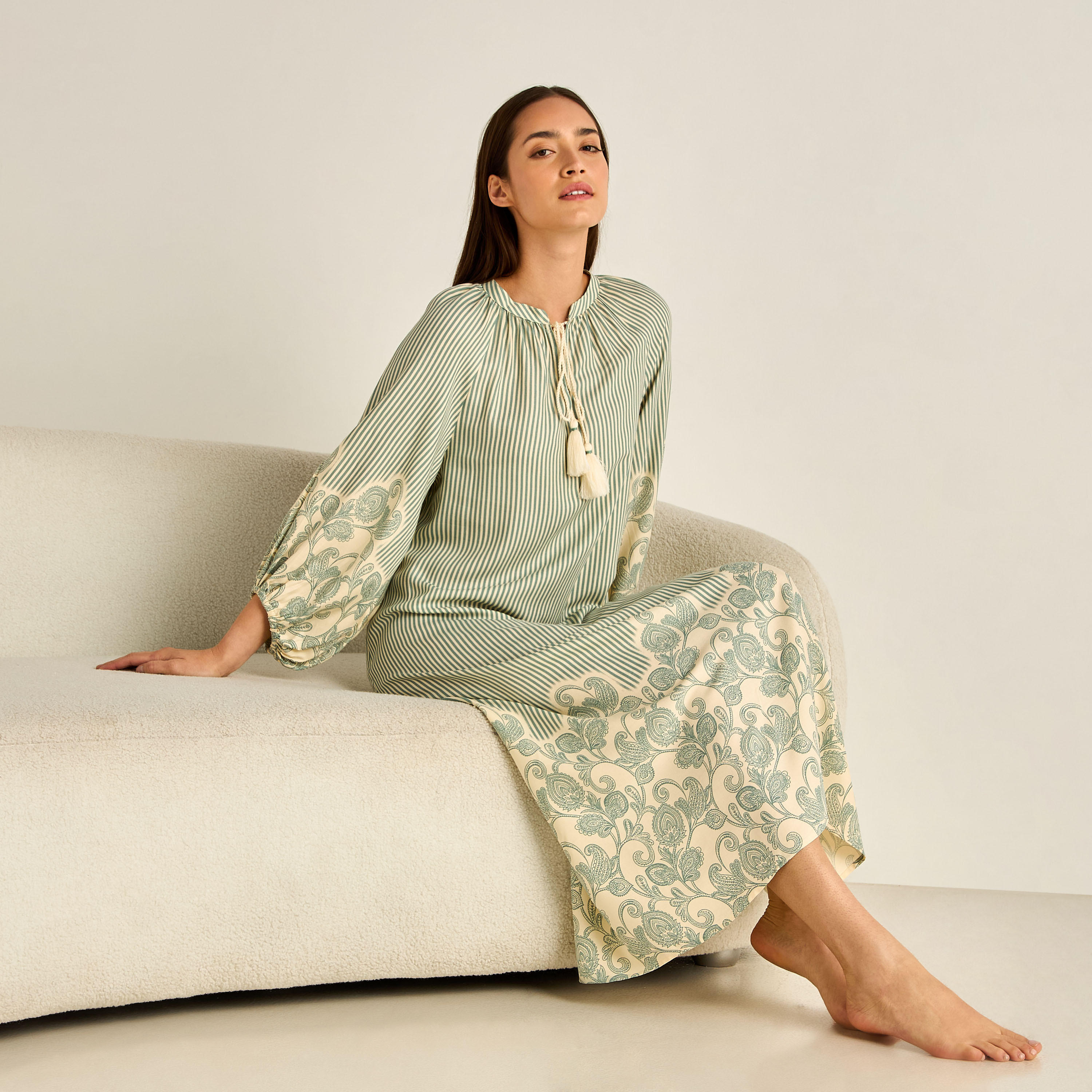 Night Gown Long Sleeve Tassel Tie-Ups Viscose-women-clothing-nightwear-nighties-image-2
