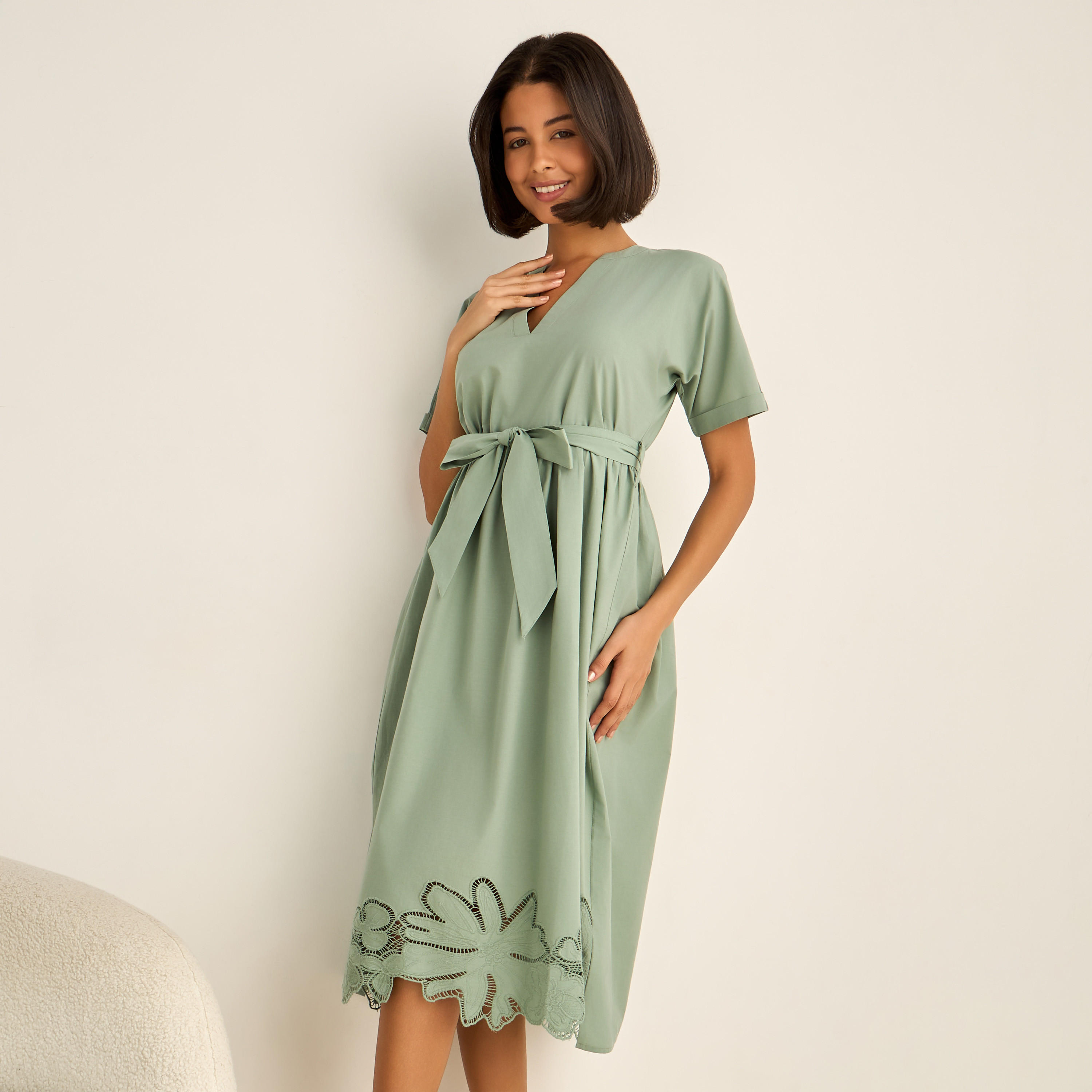 Short Sleeve Viscose Night Dress with a Tie-up Belt-women-clothing-nightwear-nighties-image-2