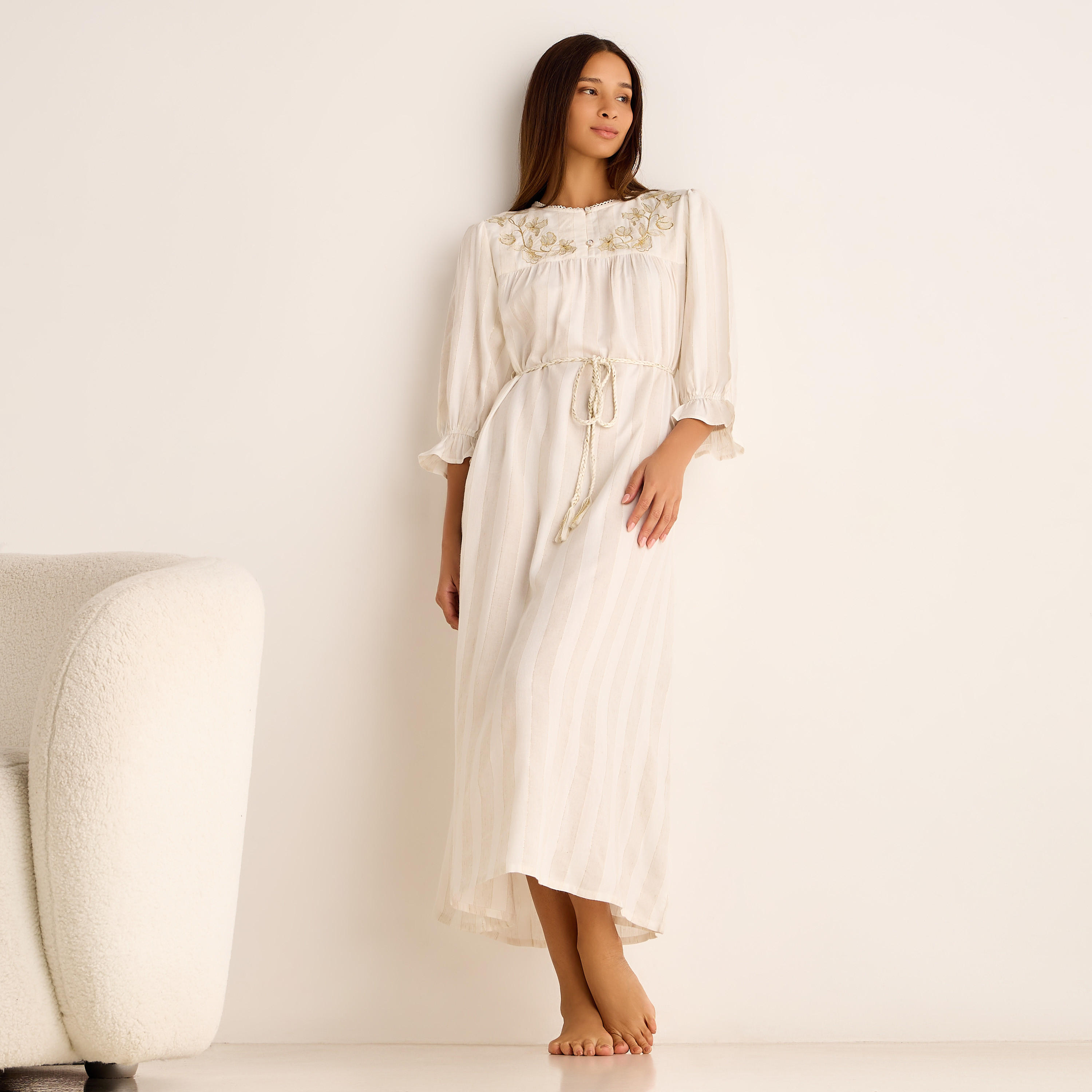 Long Sleeves Linen Blend Maxi Night Gown with Embroidered Stripes-women-clothing-nightwear-nighties-image-1