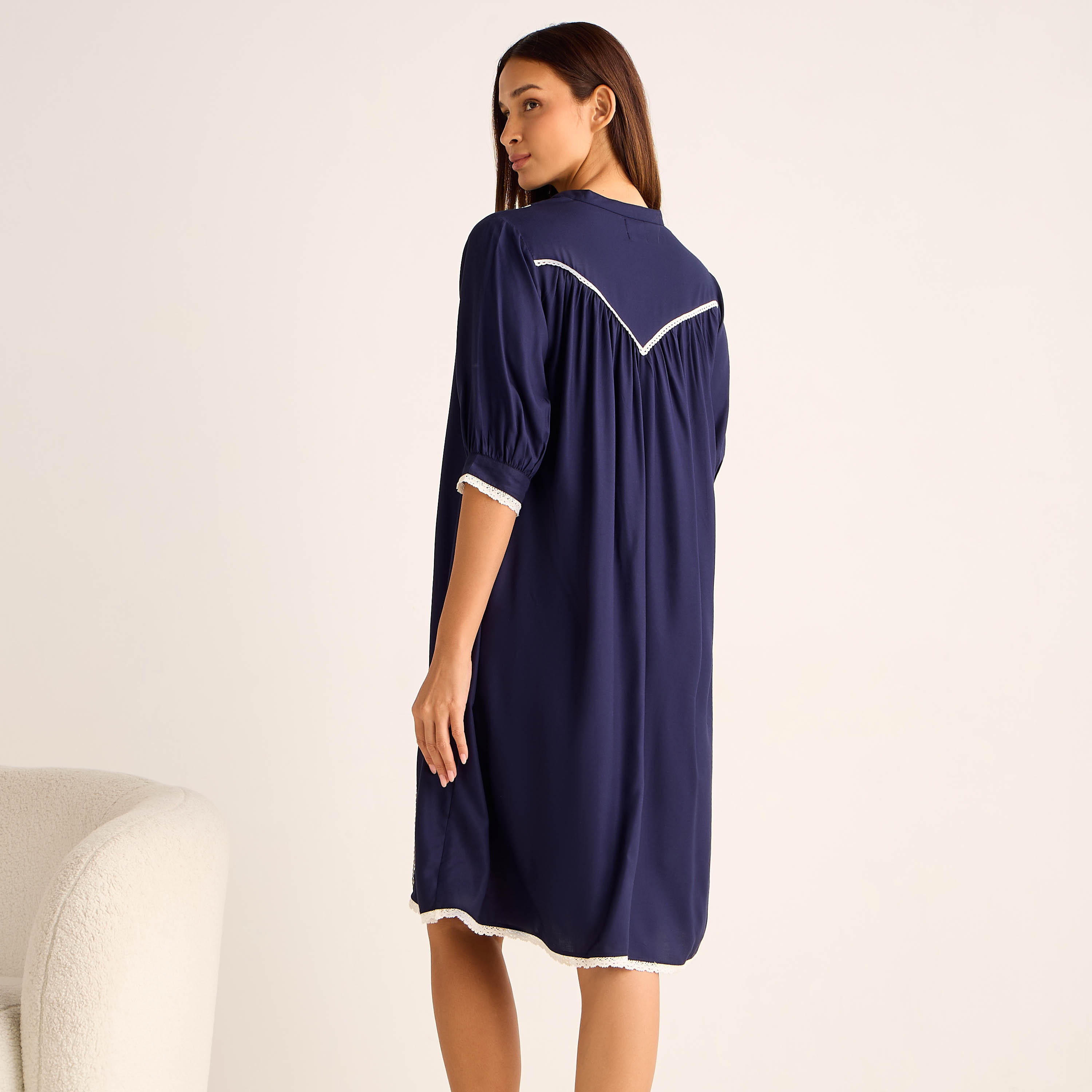 Midi Night Dress 3/4 Sleeves Floral Embroidery Viscose-women-clothing-nightwear-nighties-image-3