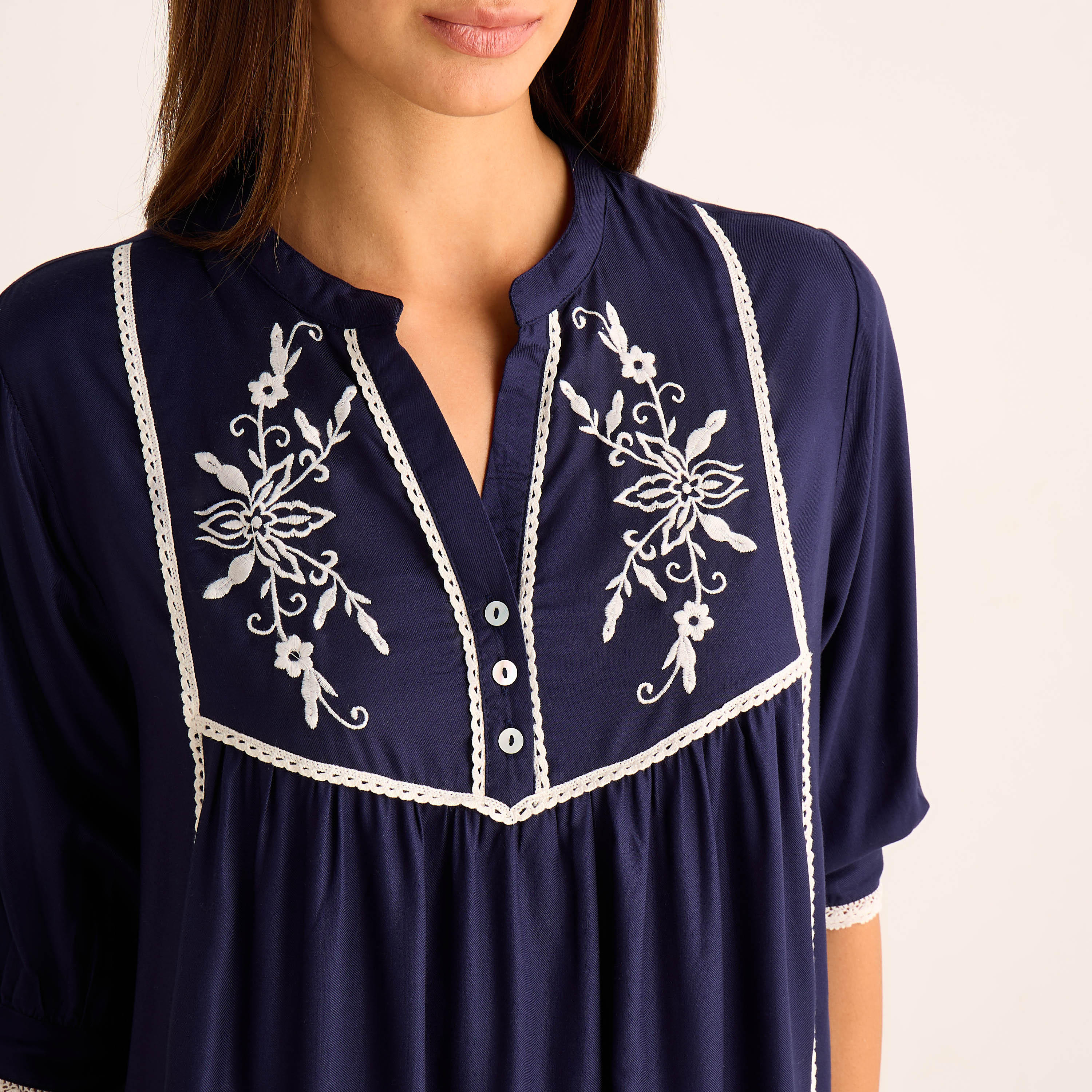 Midi Night Dress 3/4 Sleeves Floral Embroidery Viscose-women-clothing-nightwear-nighties-image-4
