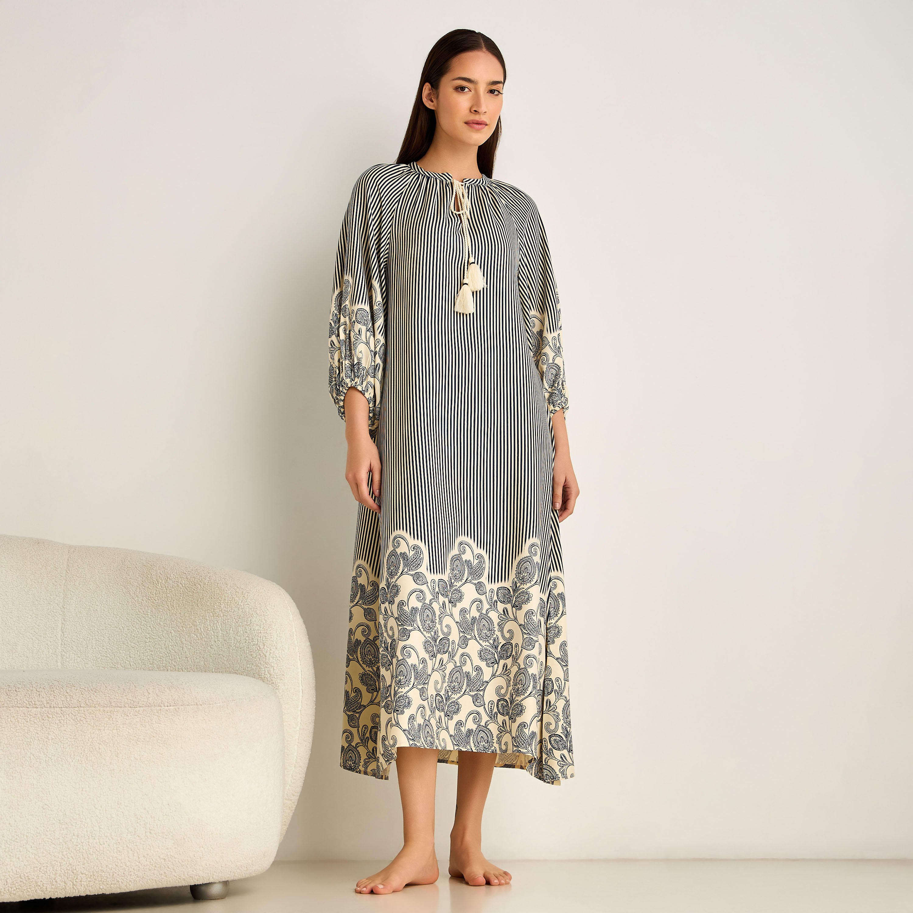 Night Dress Long Sleeve Tassel Tie-Ups Viscose-women-clothing-nightwear-nighties-image-1
