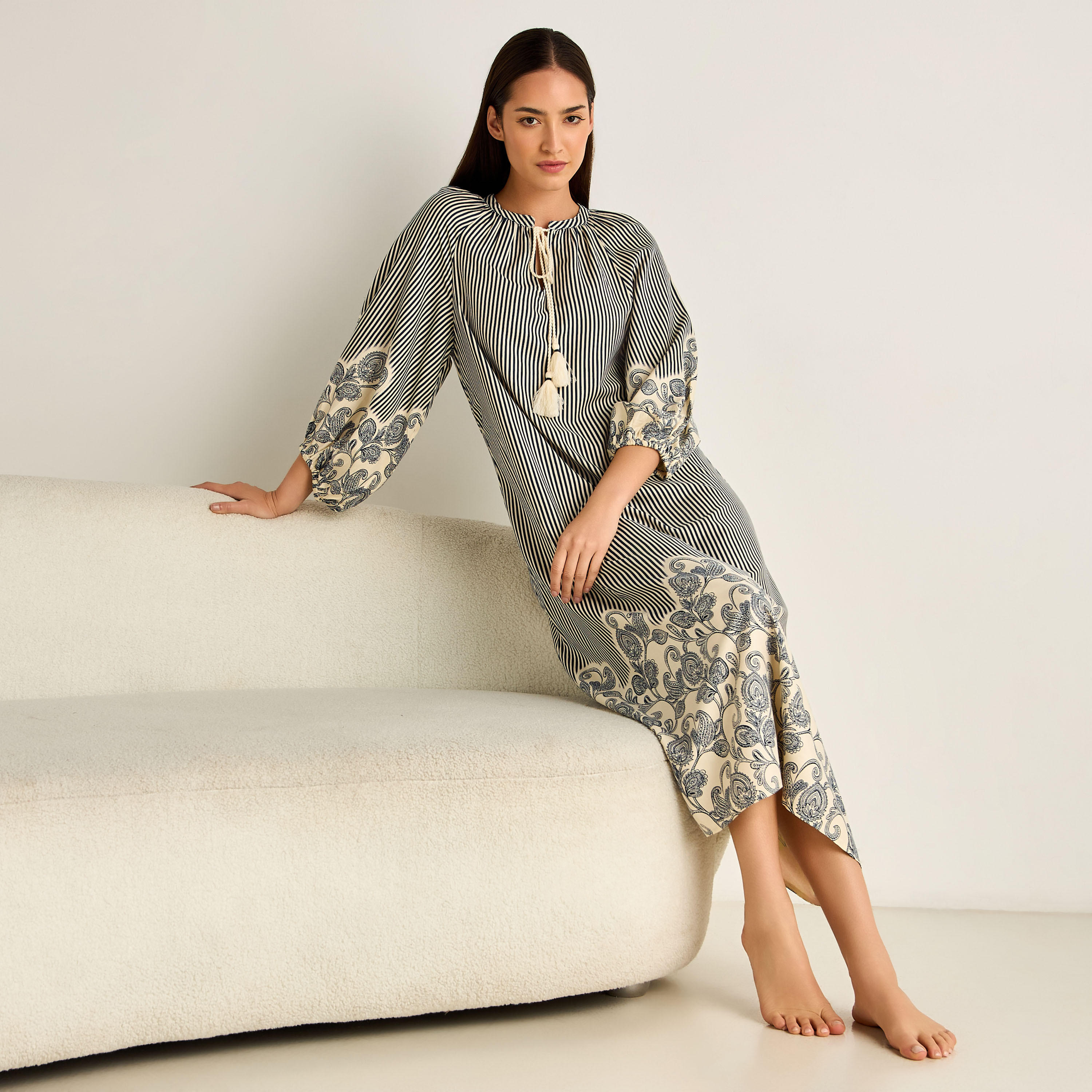 Night Dress Long Sleeve Tassel Tie-Ups Viscose-women-clothing-nightwear-nighties-image-2