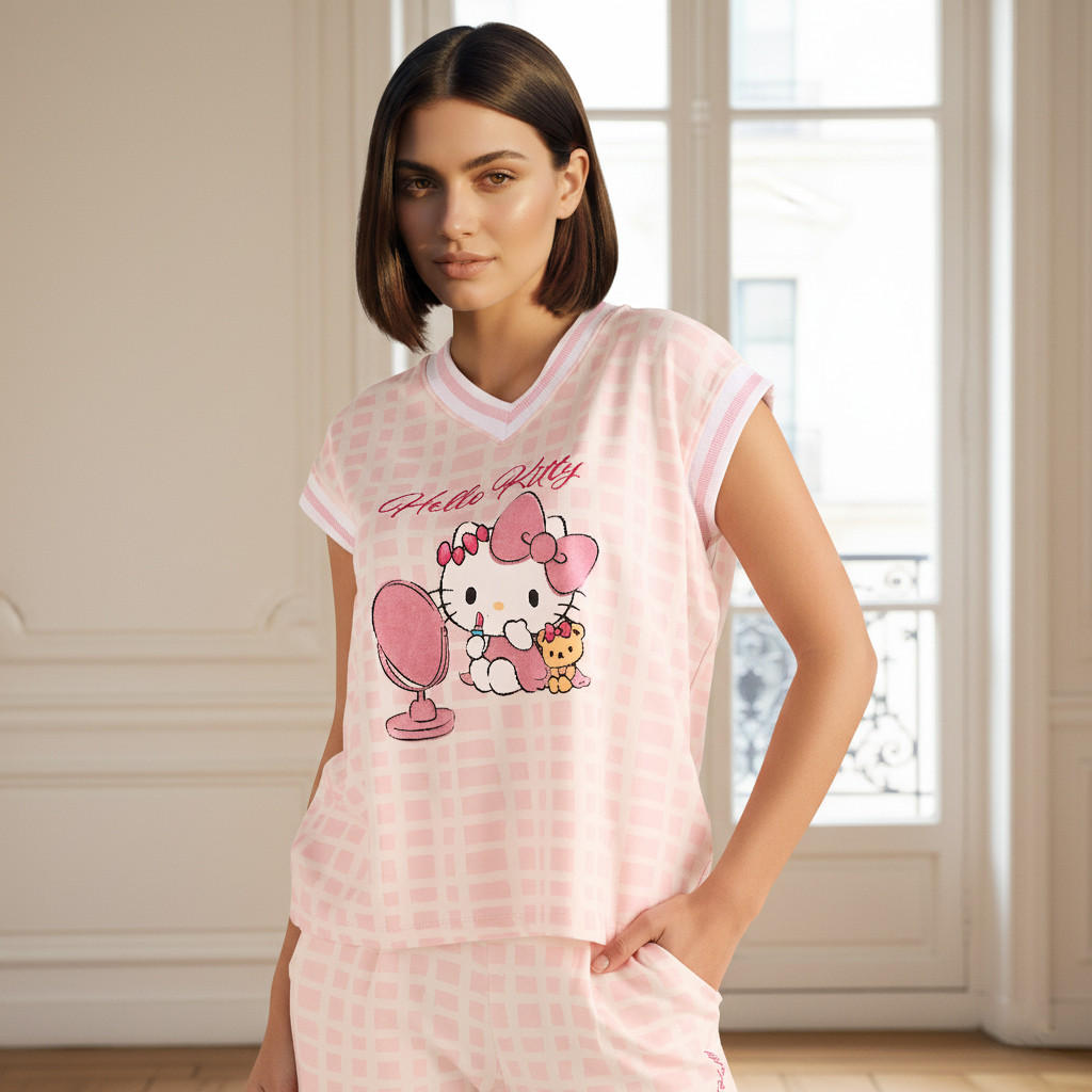 Hello Kitty Pyjama Set V-neck T-shirt & Trousers-women-clothing-nightwear-pyjamas-longsets-image-2
