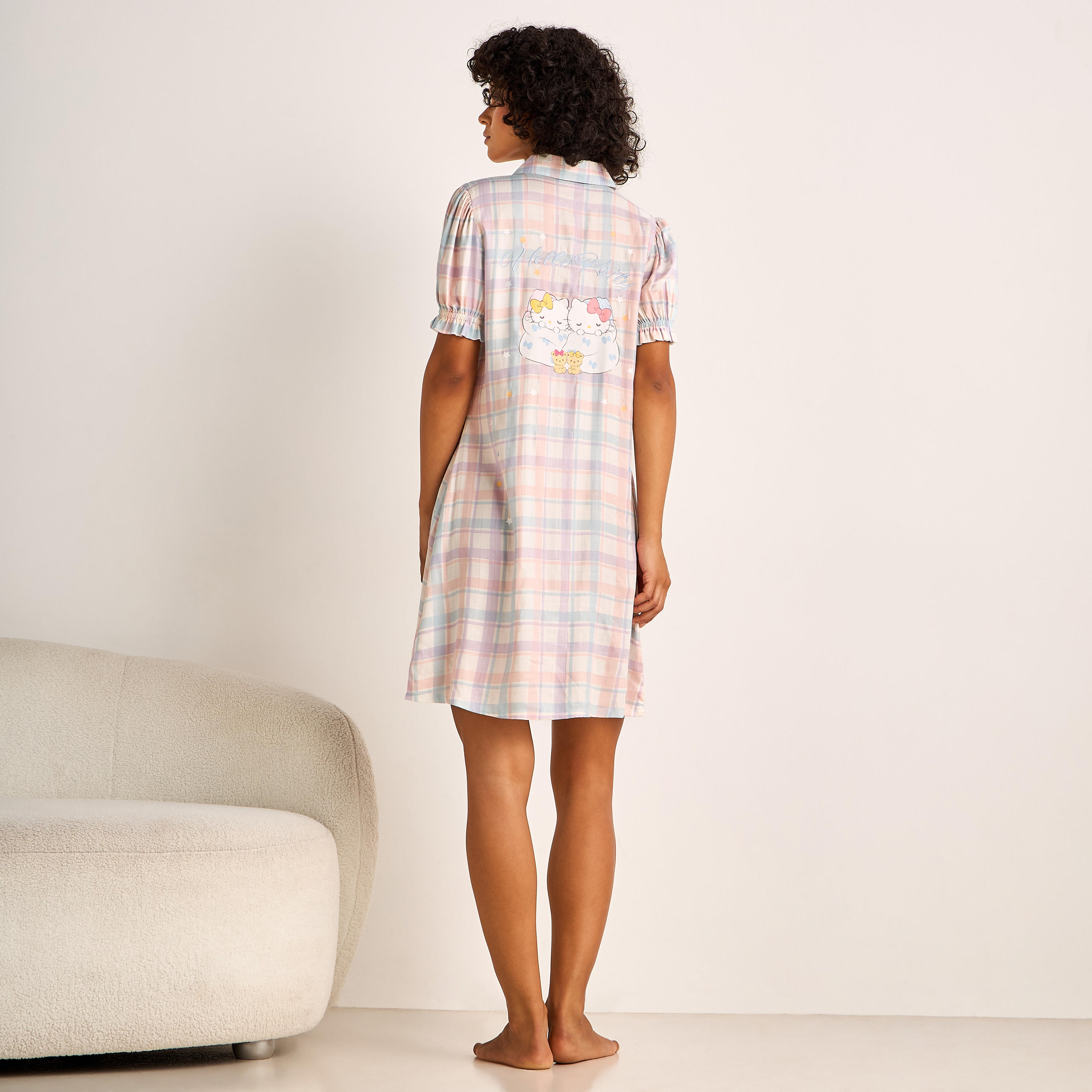 Sleepshirt Short Sleeves Checked Hello Kitty Print-women-clothing-nightwear-nighties-image-3