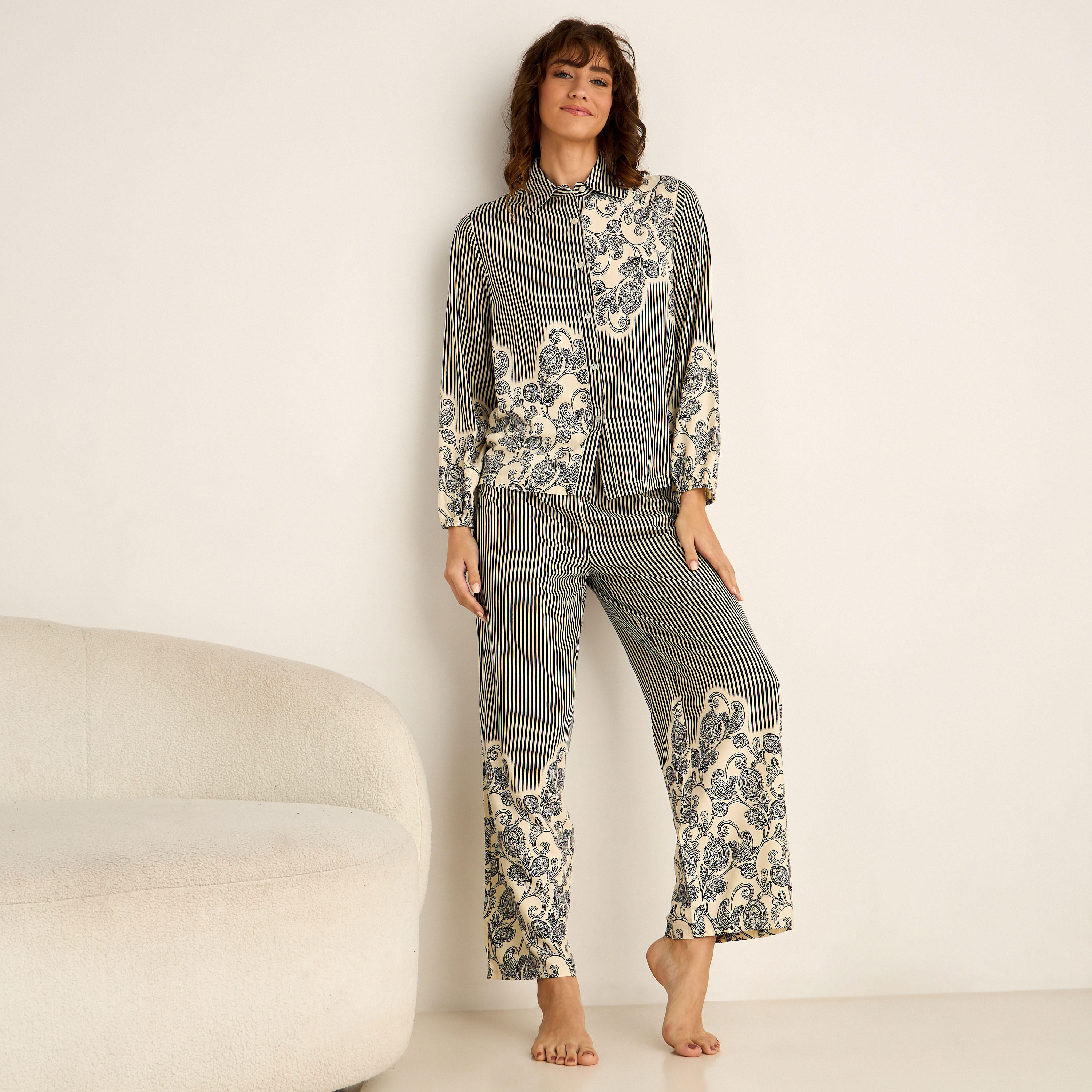 Pyjama Set Button-Down Shirt & Trousers Viscose-women-clothing-nightwear-pyjamas-longsets-image-1