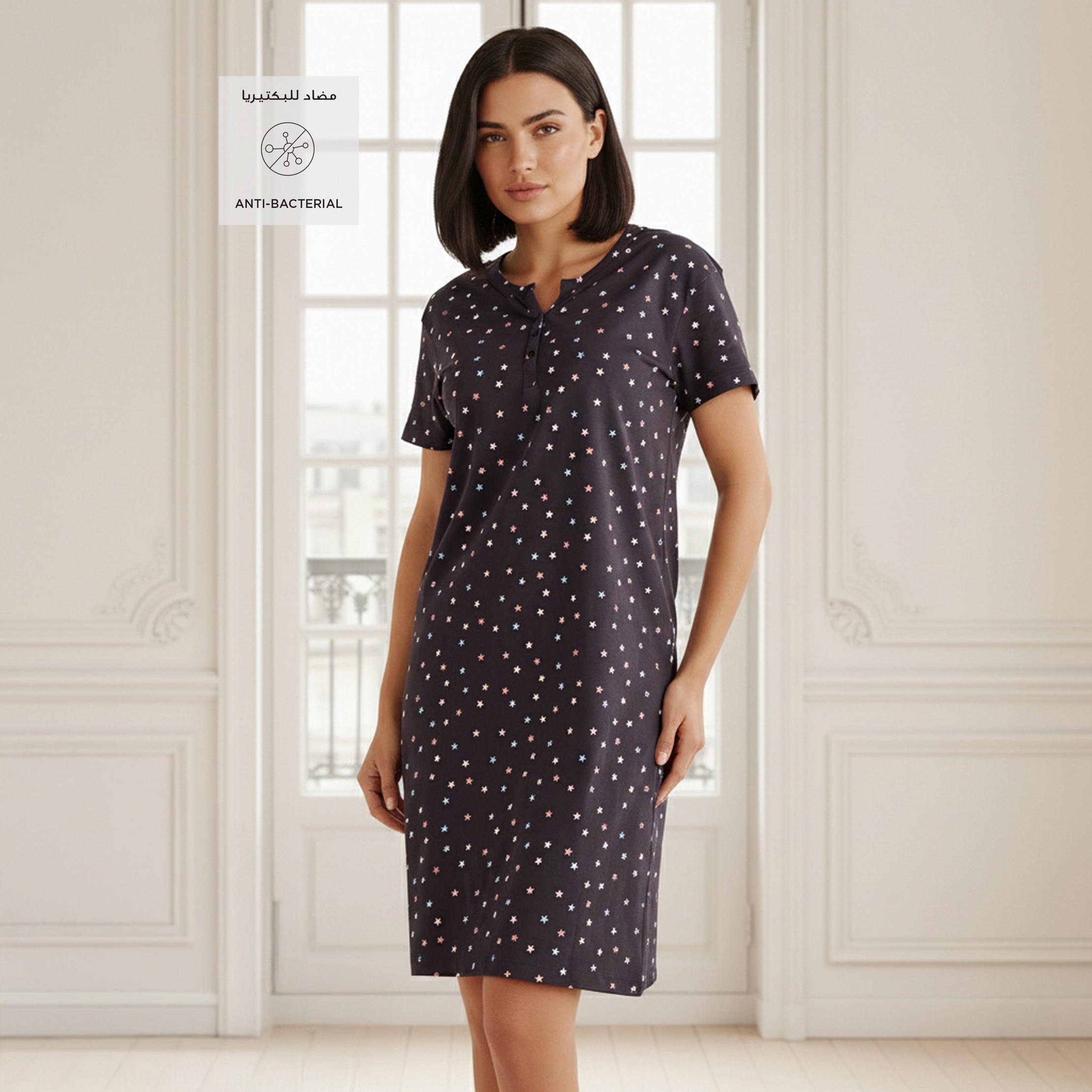 Sleepshirt Short Sleeves with Star Print Cotton-women-clothing-nightwear-nighties-image-2