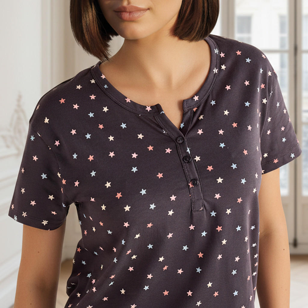 Sleepshirt Short Sleeves with Star Print Cotton-women-clothing-nightwear-nighties-image-4