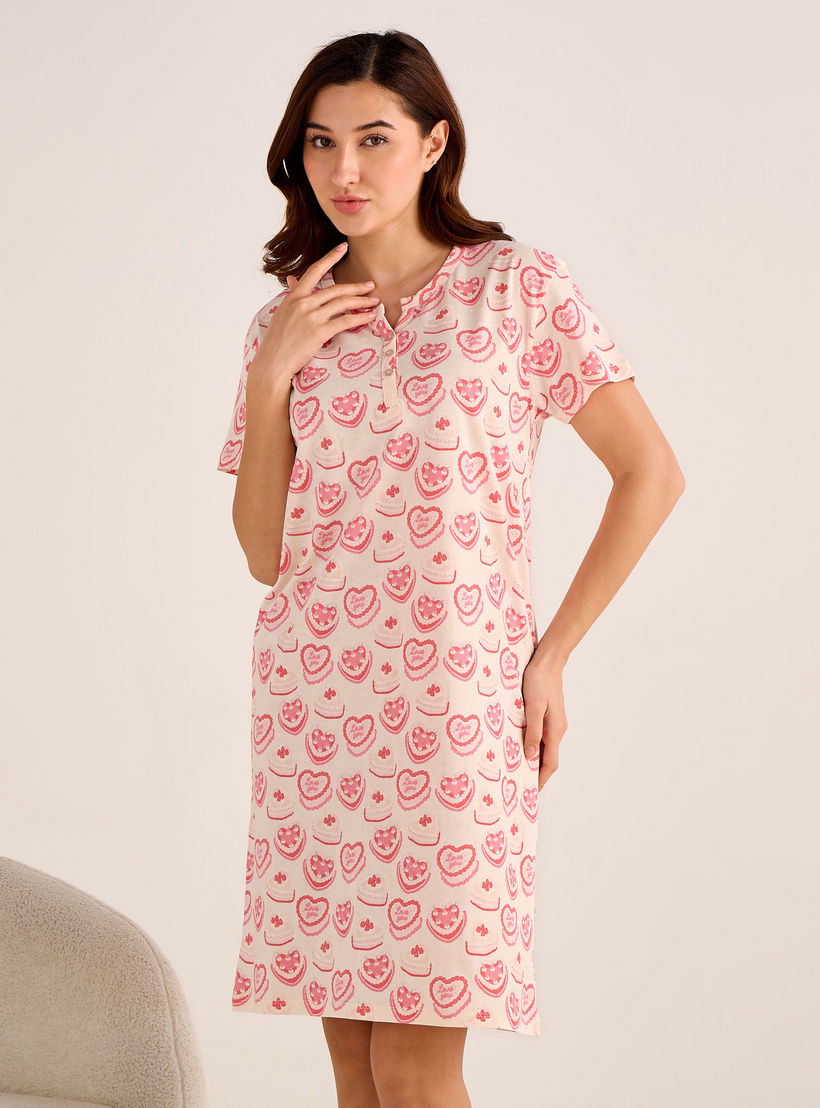 Sleepshirt Short Sleeves with Heart Print Cotton-women-clothing-nightwear-nighties-image-1