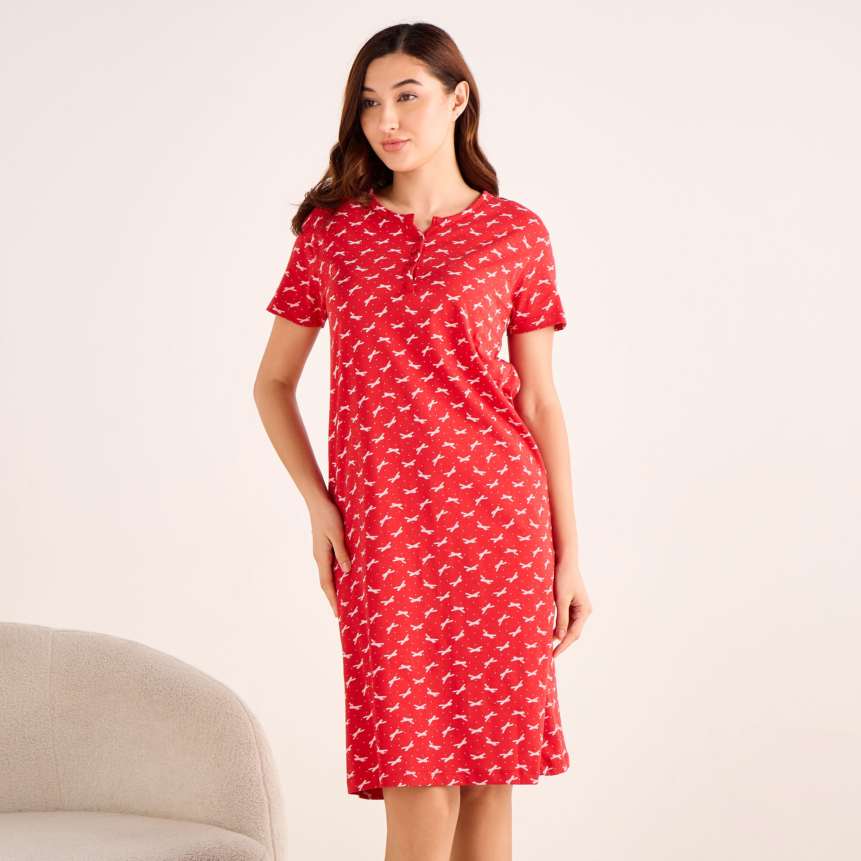قميص نوم قطن بأكمام قصيرة وطبعات فيونكة-women-clothing-nightwear-nighties-image-2