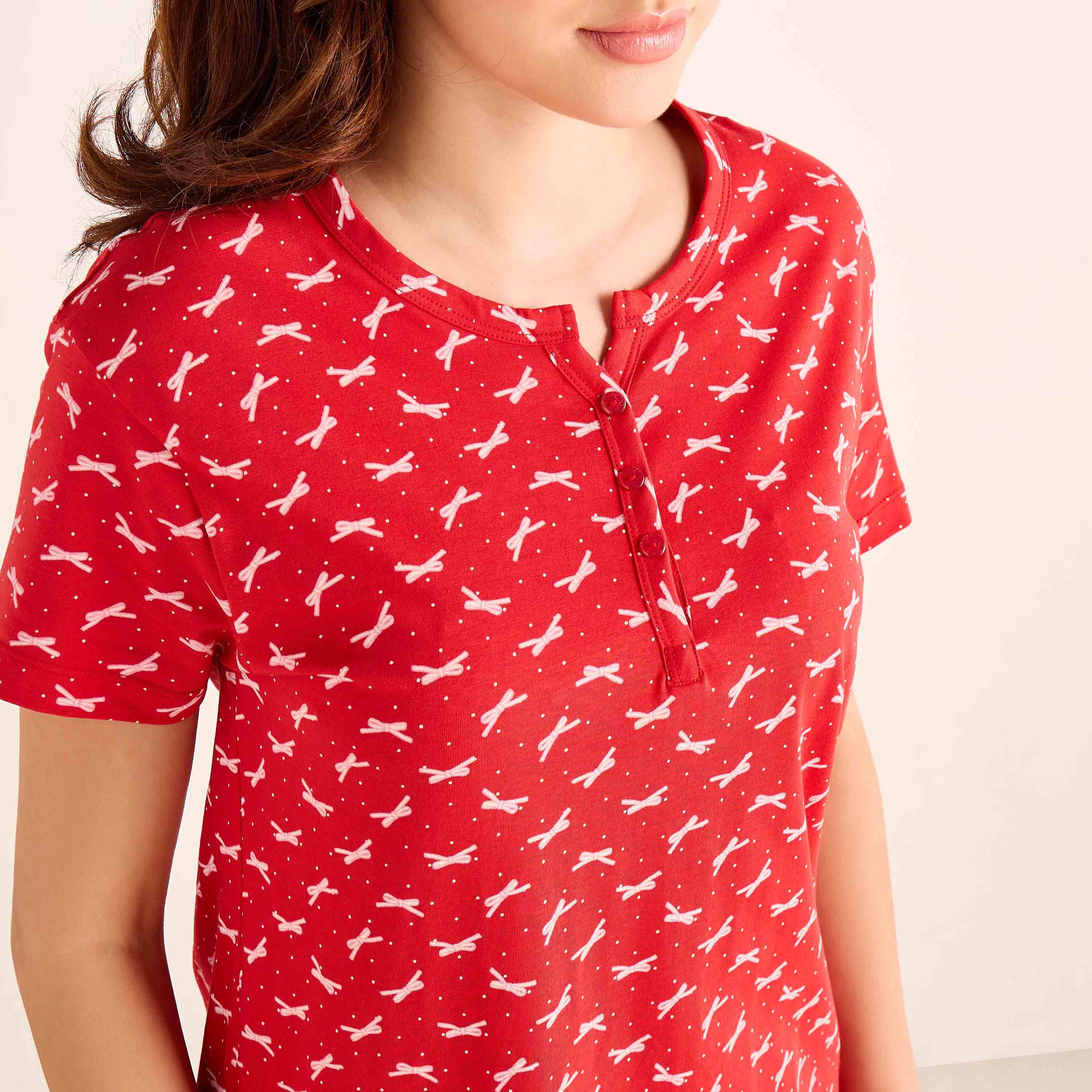 قميص نوم قطن بأكمام قصيرة وطبعات فيونكة-women-clothing-nightwear-nighties-image-4