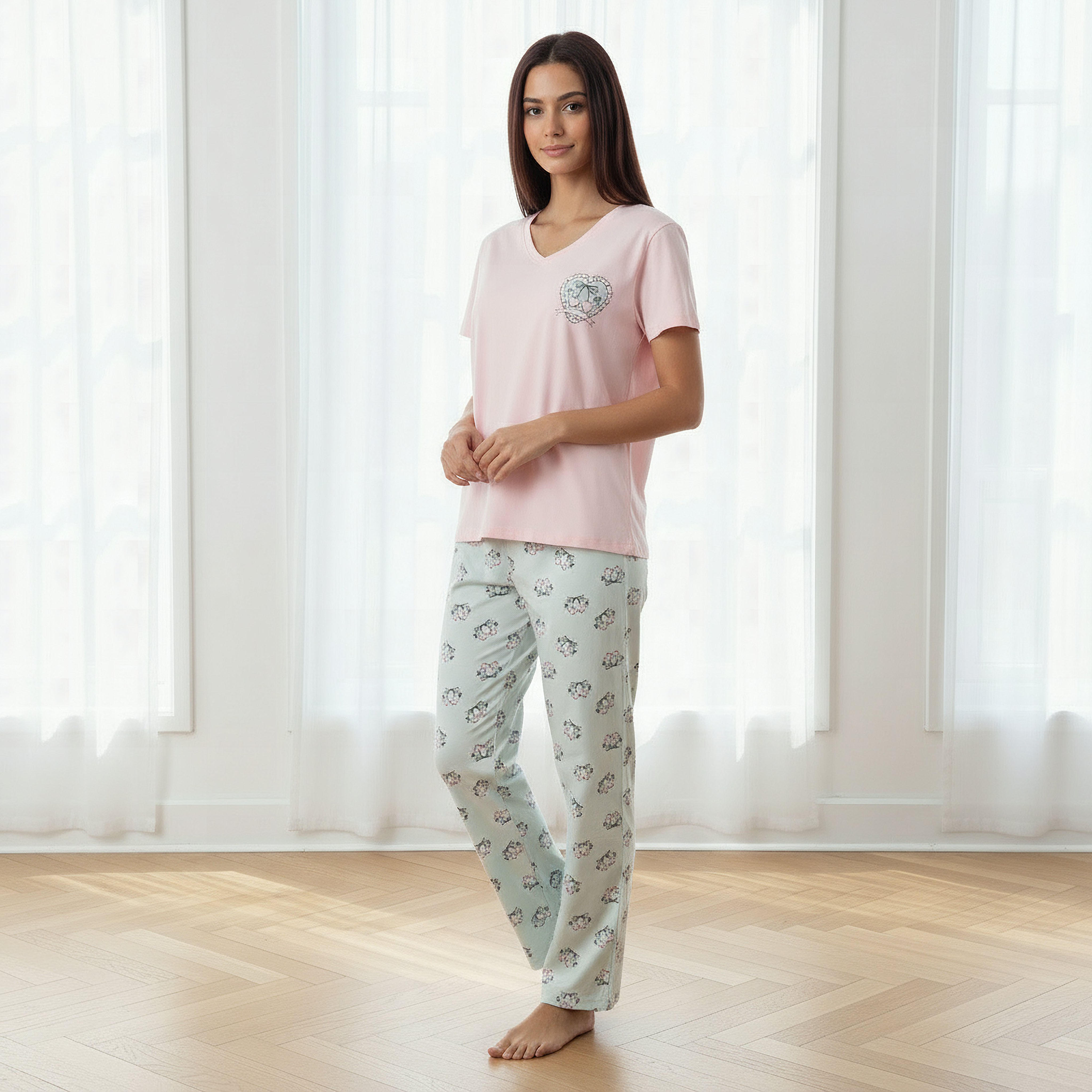 Pyjama Set V-neck T-shirt & Trousers Cotton-women-clothing-nightwear-pyjamas-longsets-image-1