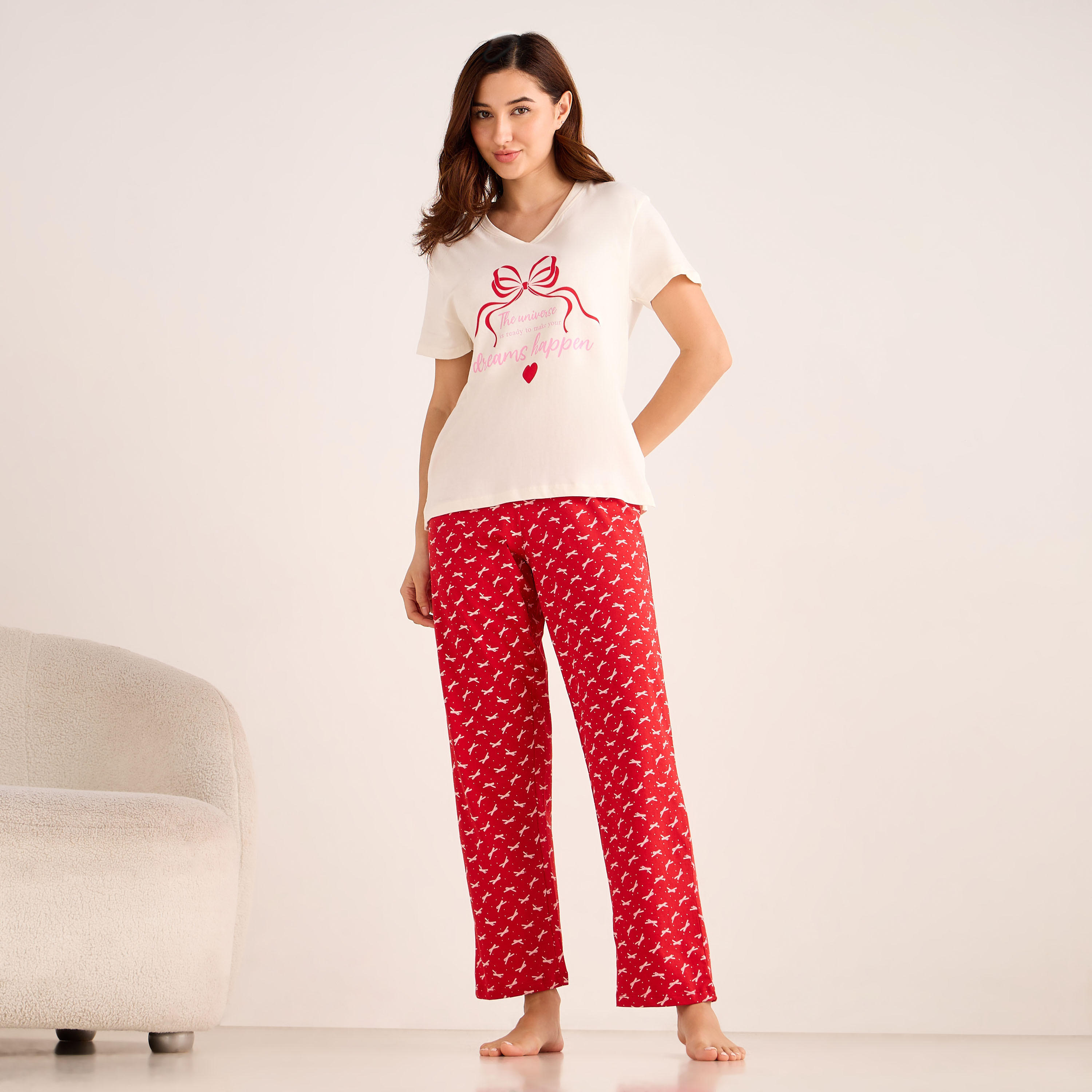 Pyjama Set V-neck T-shirt & Trousers Cotton-women-clothing-nightwear-pyjamas-longsets-image-1