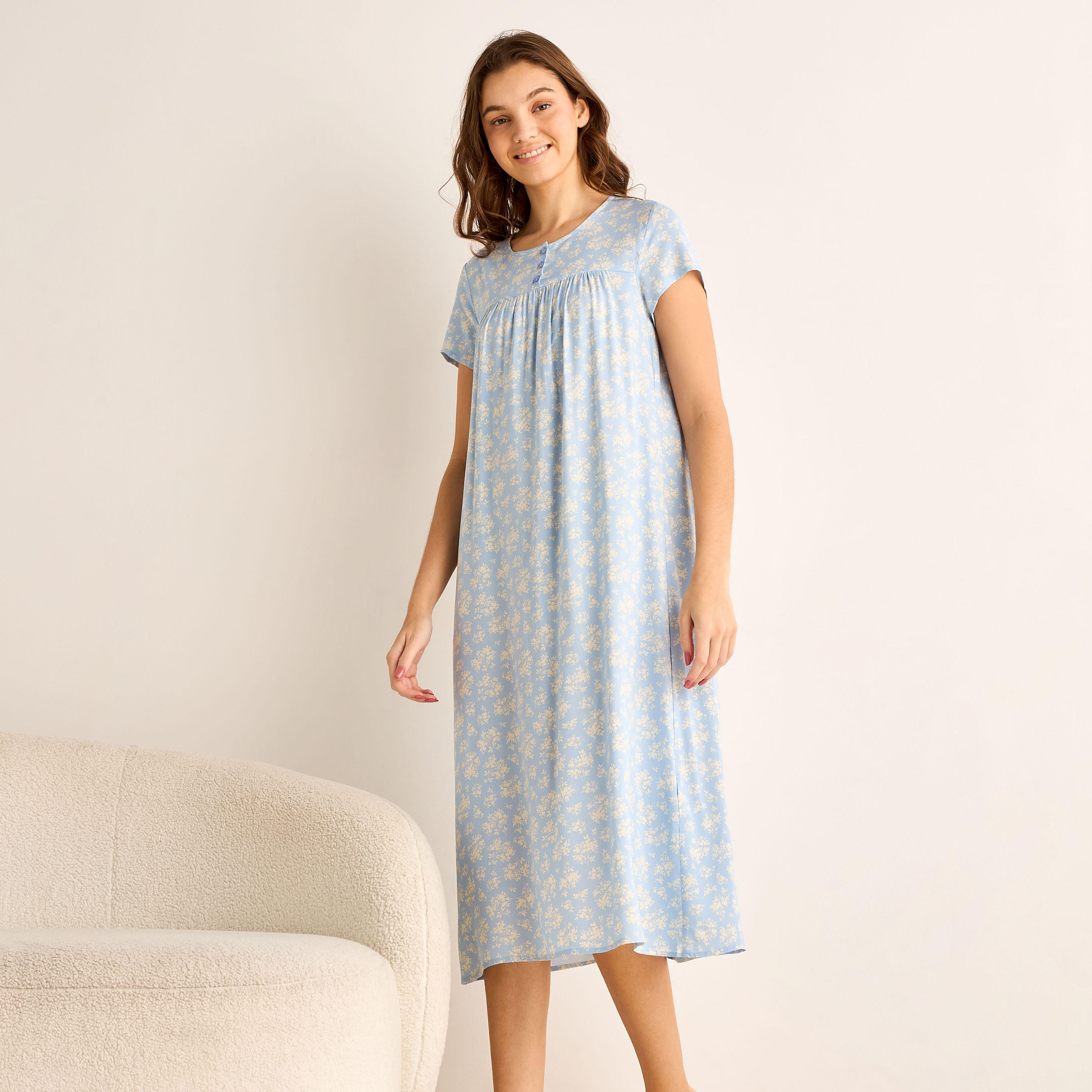 Midi Night Dress Short Sleeves Floral Print Viscose-women-clothing-nightwear-nighties-image-1