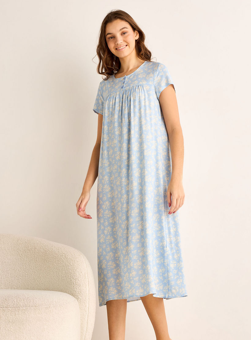 Midi Night Dress Short Sleeves Floral Print Viscose-women-clothing-nightwear-nighties-image-1