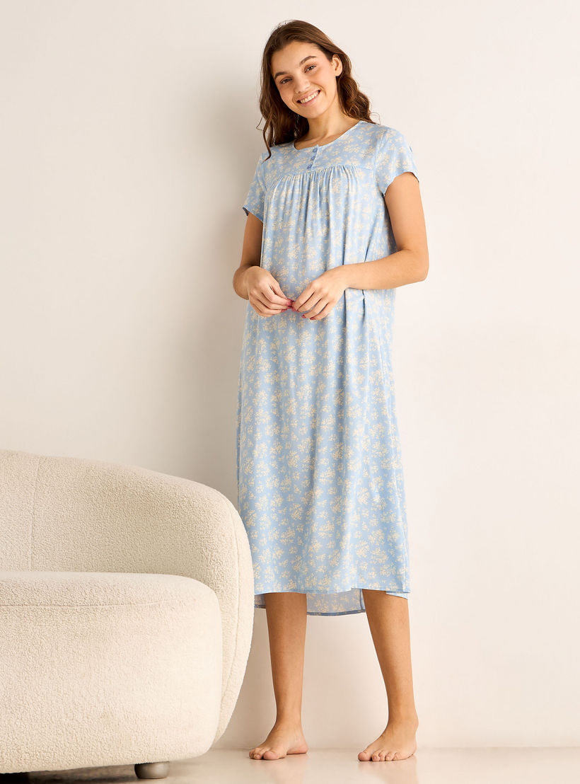 Midi Night Dress Short Sleeves Floral Print Viscose-women-clothing-nightwear-nighties-image-2