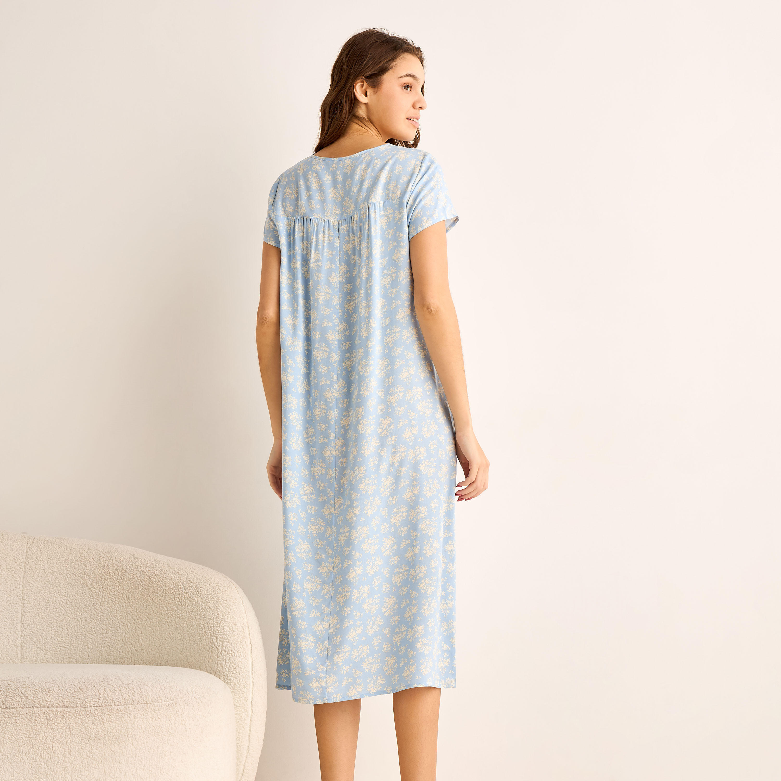 Midi Night Dress Short Sleeves Floral Print Viscose-women-clothing-nightwear-nighties-image-3