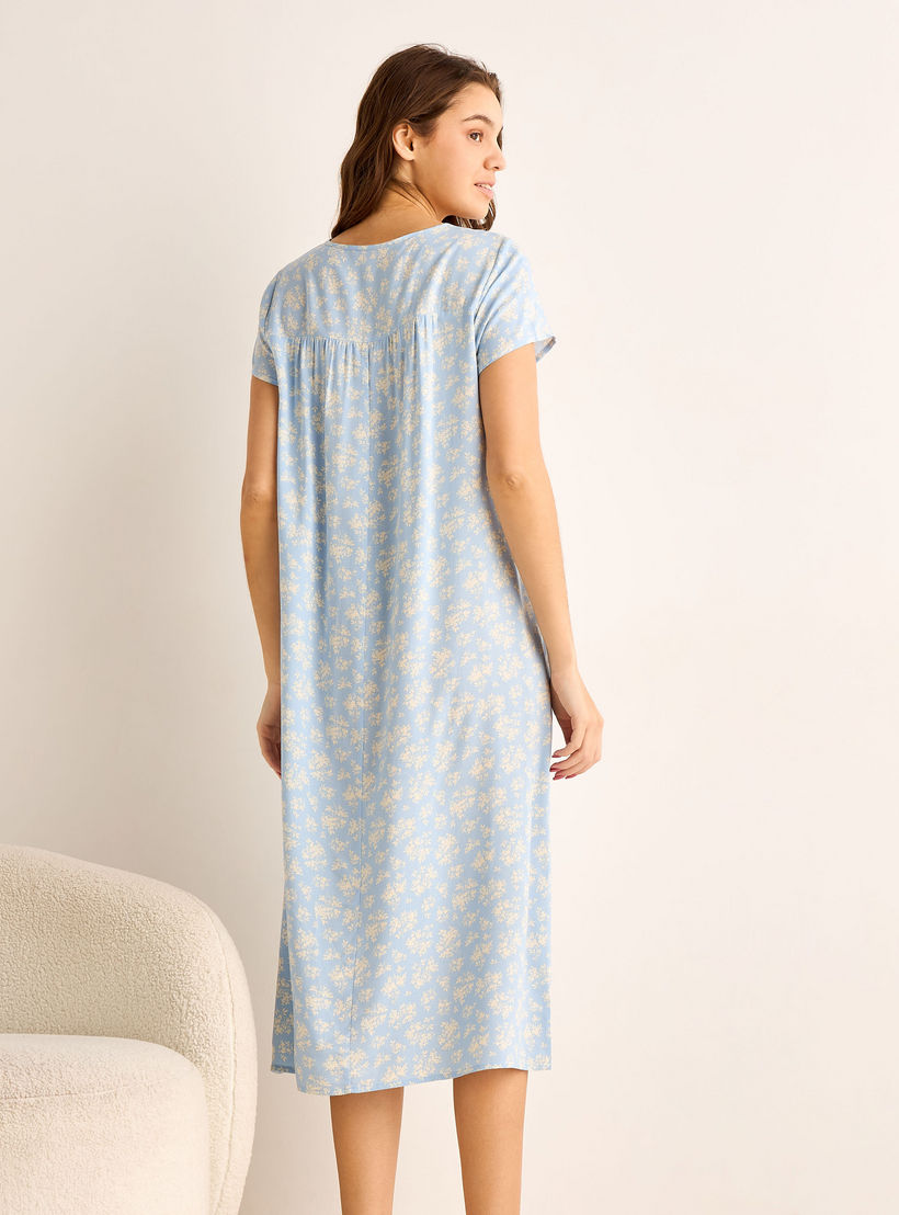 Midi Night Dress Short Sleeves Floral Print Viscose-women-clothing-nightwear-nighties-image-3