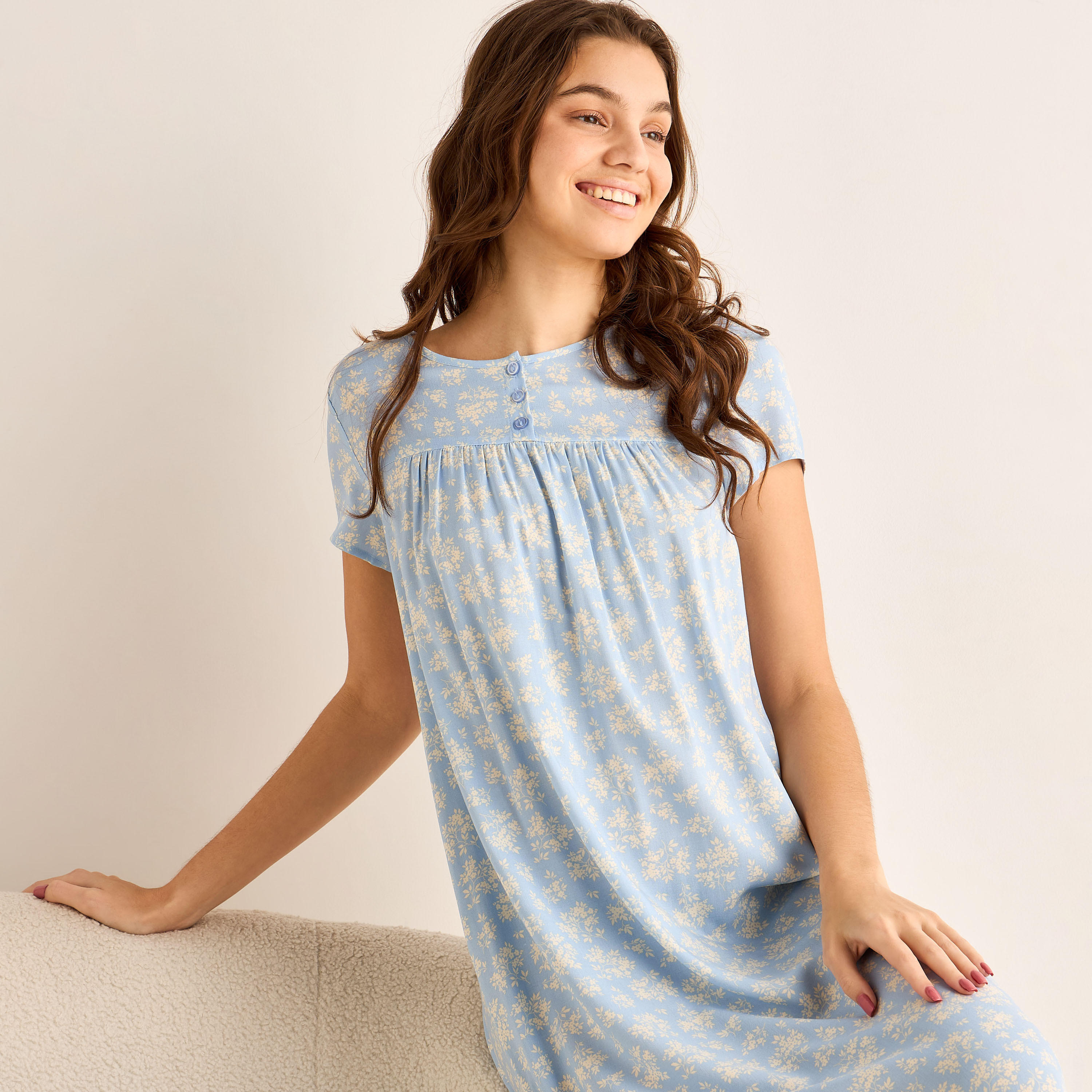 Midi Night Dress Short Sleeves Floral Print Viscose-women-clothing-nightwear-nighties-image-5