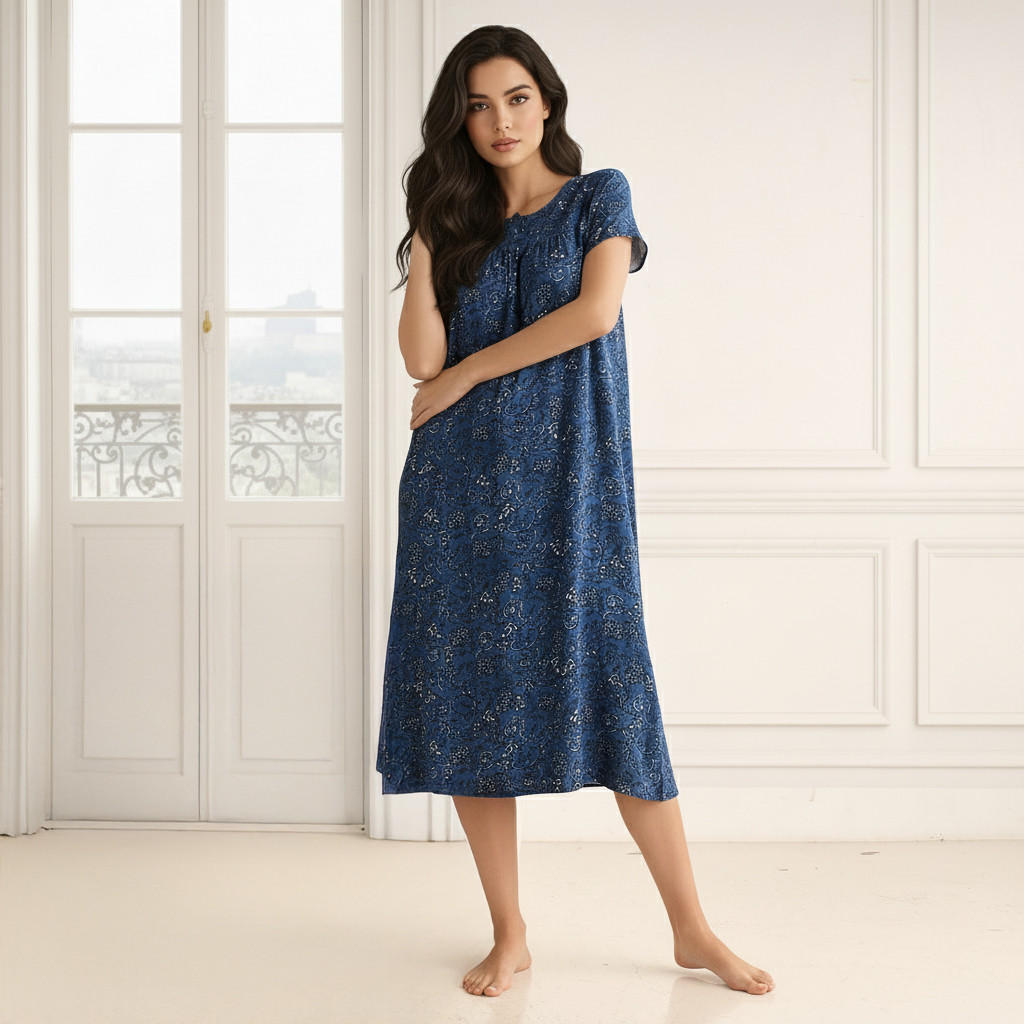 Midi Night Dress Short Sleeves Printed Viscose-women-clothing-nightwear-nighties-image-1