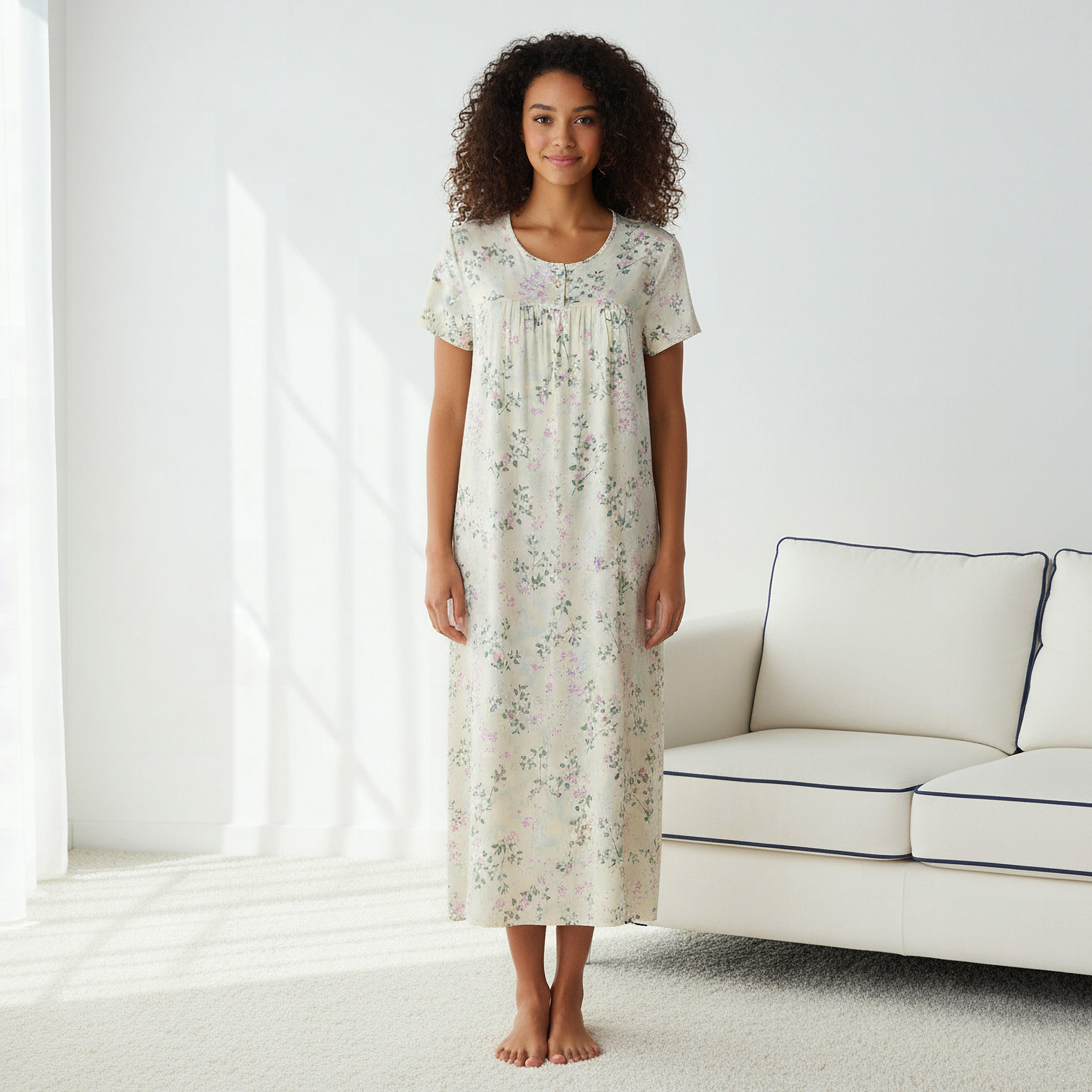 فستان نوم فيسكوز بأكمام قصيرة وطبعات زهرية-women-clothing-nightwear-nighties-image-1