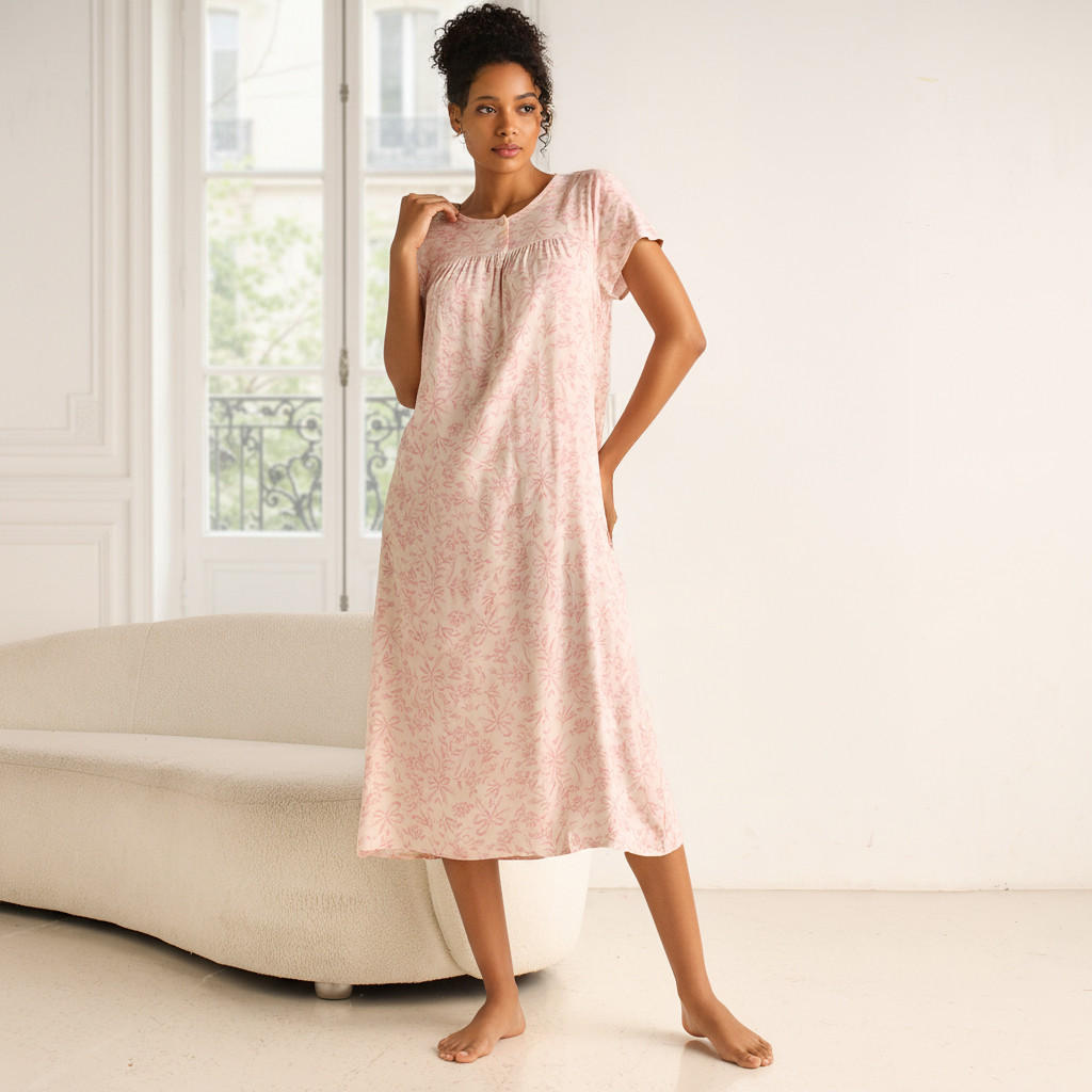 Midi Night Dress Short Sleeves Printed Viscose-women-clothing-nightwear-nighties-image-1