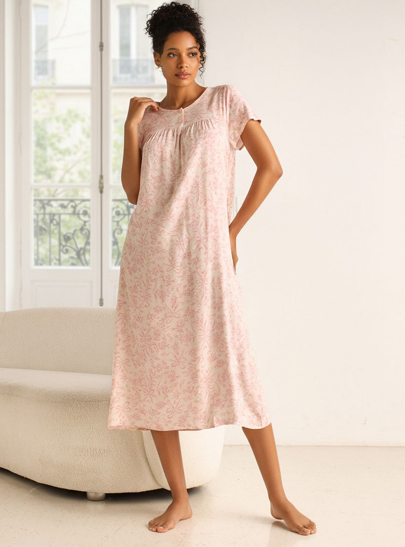 Midi Night Dress Short Sleeves Printed Viscose-women-clothing-nightwear-nighties-image-1