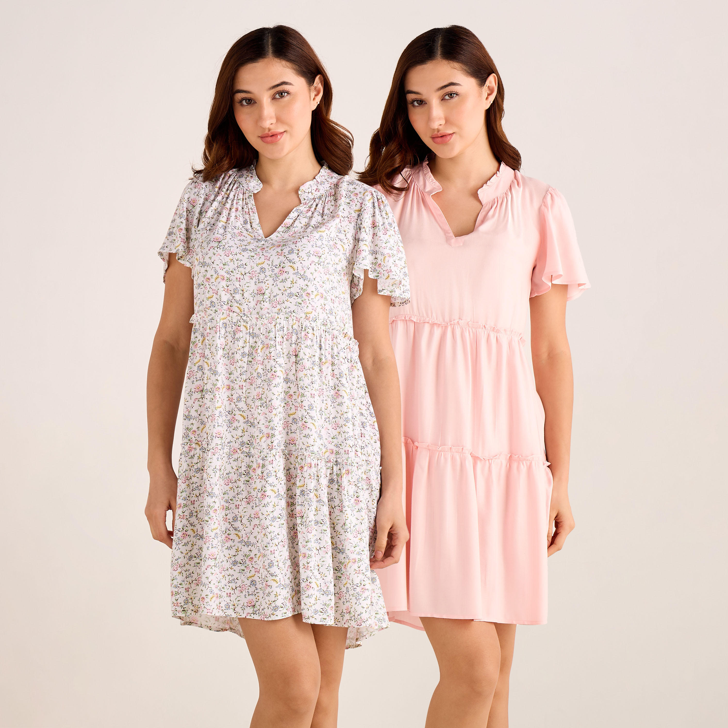 Set of 2 Night Dress Flutter Sleeves Tiered Viscose-women-clothing-nightwear-nighties-image-1
