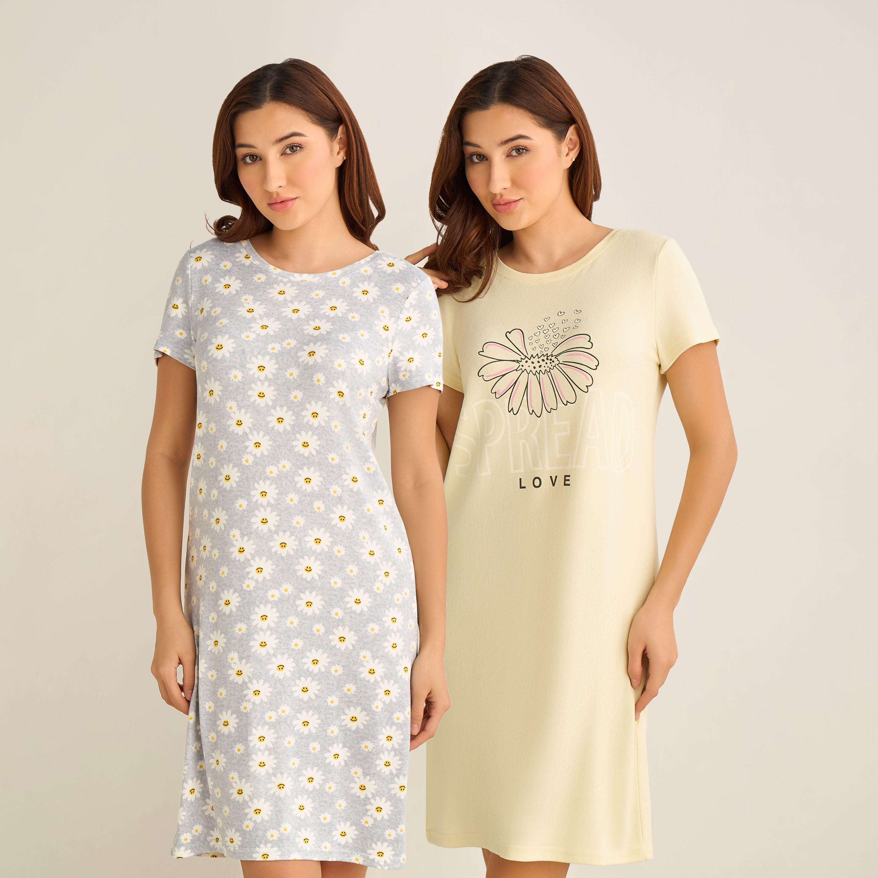 Set of 2 - Night Dress Short Sleeve Floral Print Cotton-women-clothing-nightwear-nighties-image-1