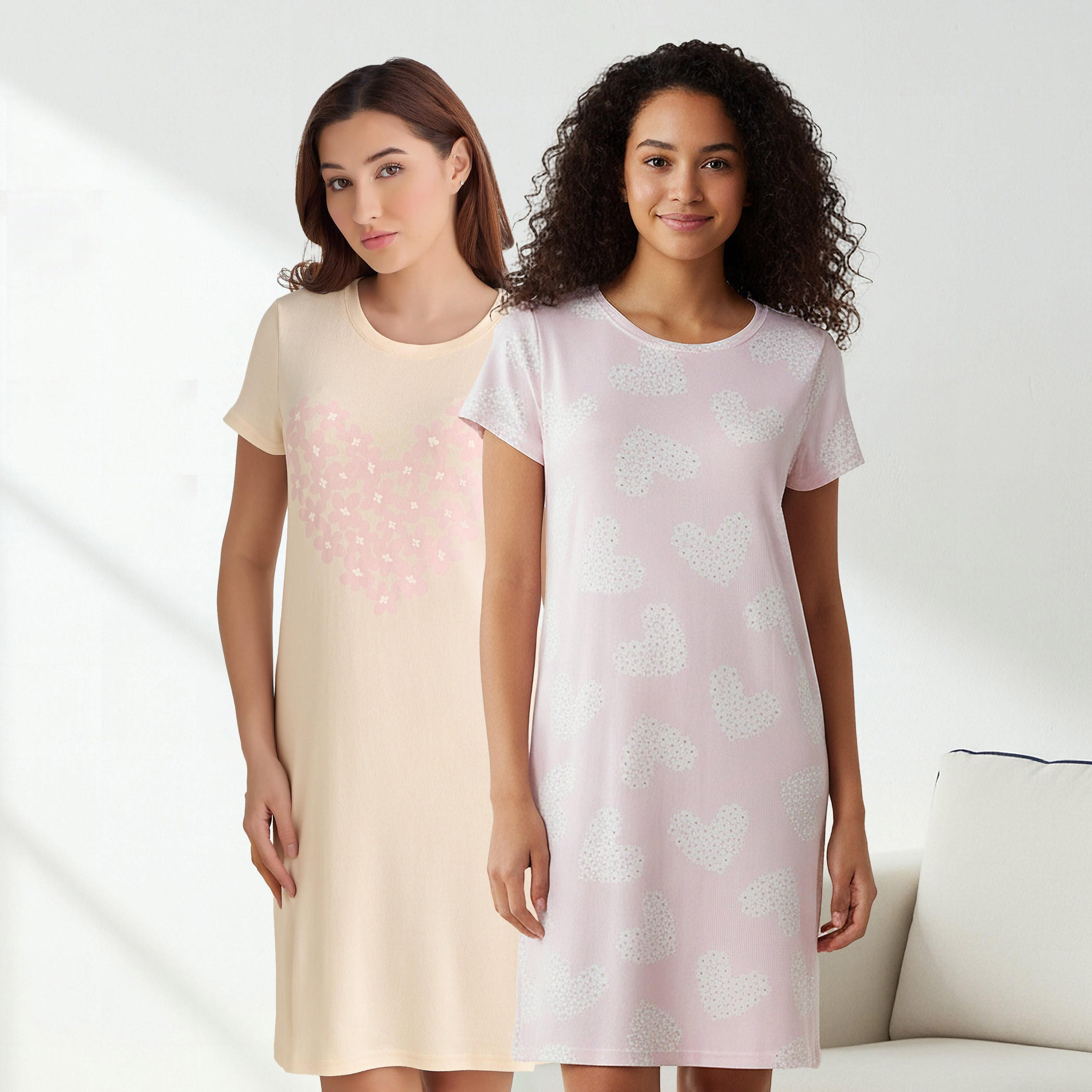 Set of 2 - Night Dress Short Sleeve Floral Print Cotton-women-clothing-nightwear-nighties-image-1