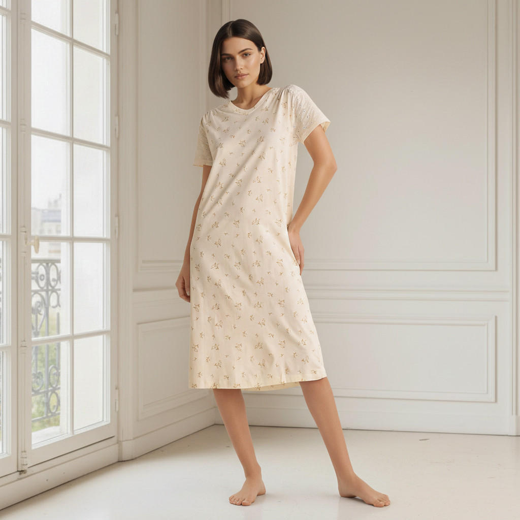 Embroidered Cotton Night Dress with Short Sleeves-women-clothing-nightwear-nighties-image-1