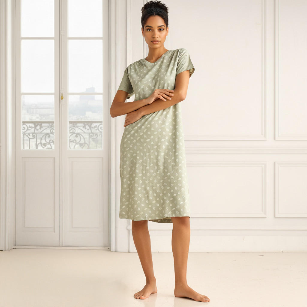 Embroidered Cotton Night Dress with Short Sleeves-women-clothing-nightwear-nighties-image-1