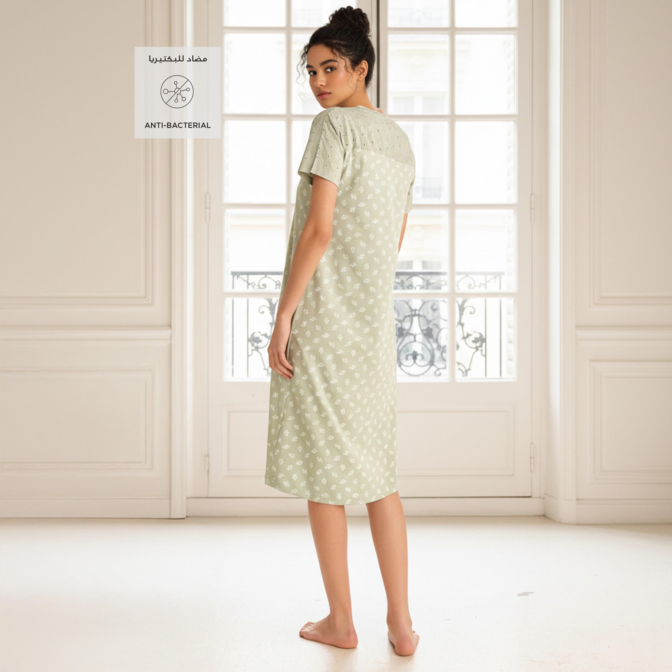 Embroidered Cotton Night Dress with Short Sleeves-women-clothing-nightwear-nighties-image-2