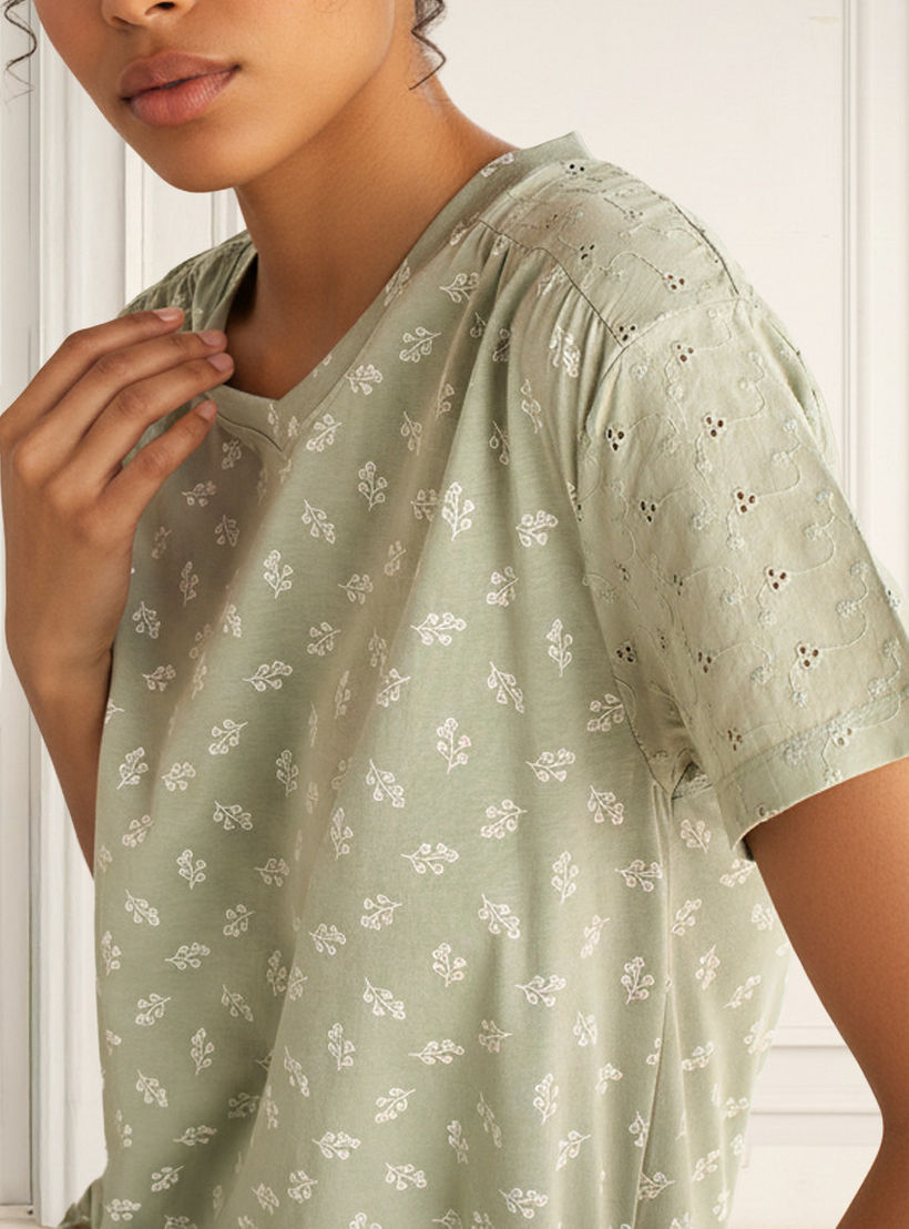 Embroidered Cotton Night Dress with Short Sleeves-women-clothing-nightwear-nighties-image-3