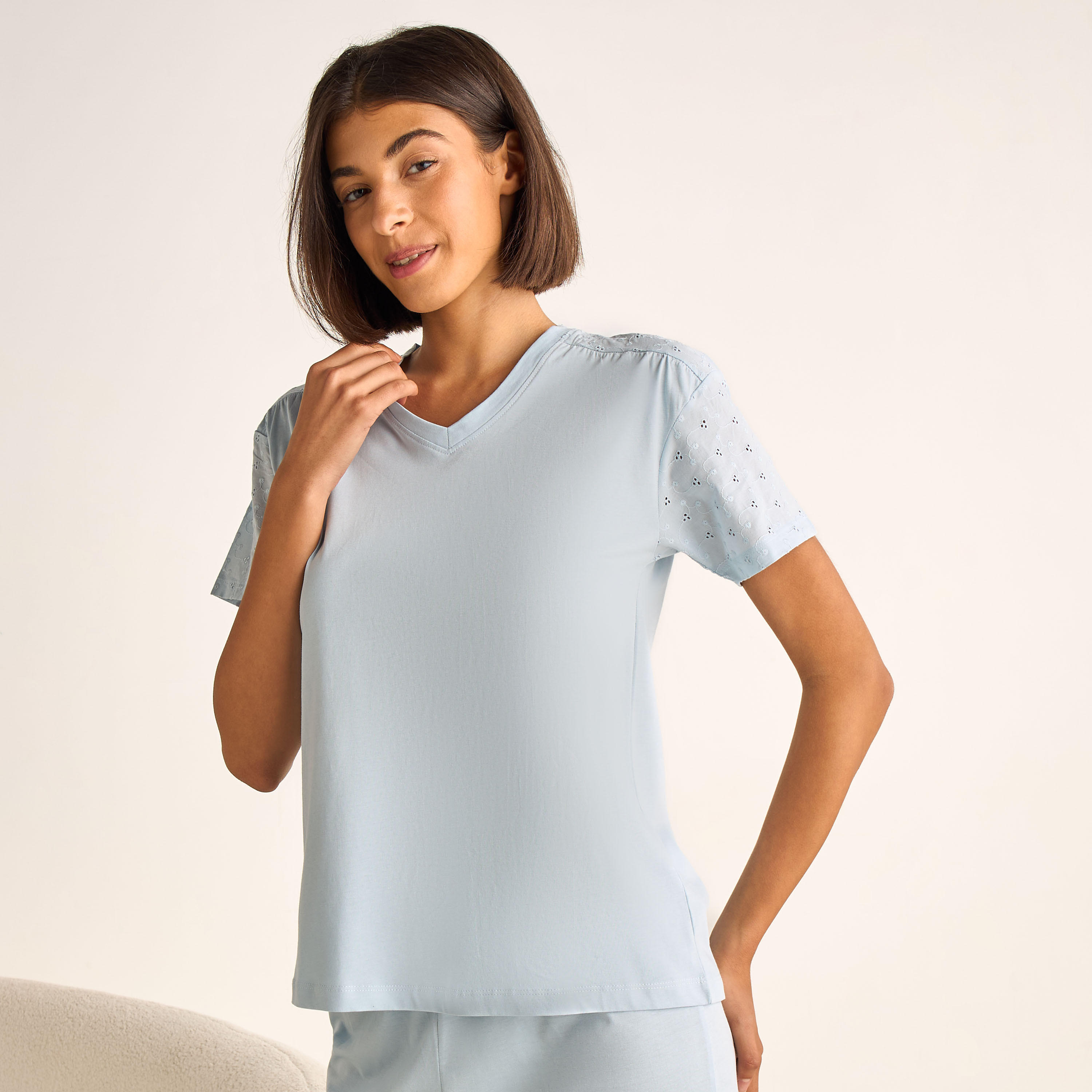 طقم بيجاما قطن تيشيرت وبنطلون-women-clothing-nightwear-pyjamas-longsets-image-1