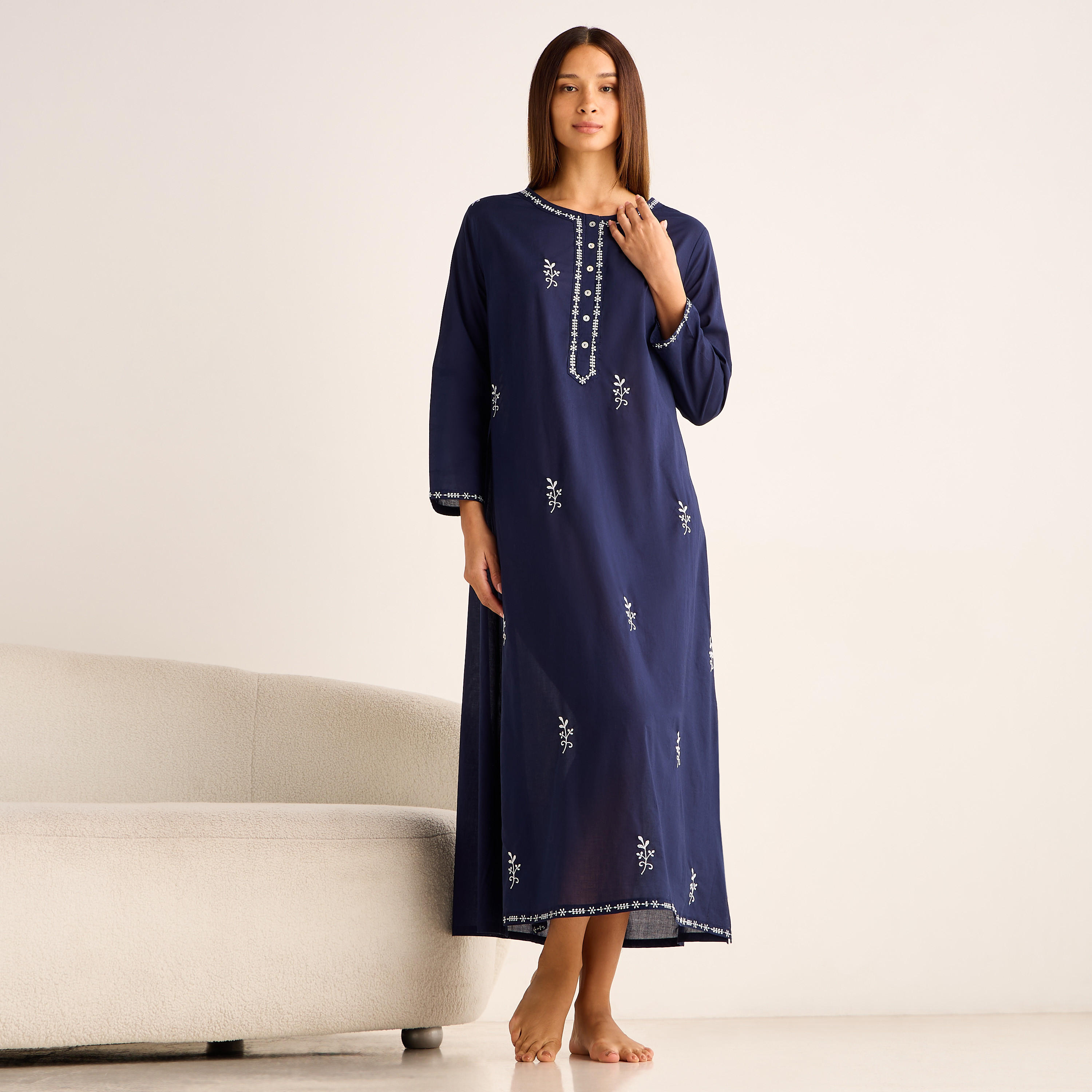 Night Gown Long Sleeves Floral Embroidery Cotton-women-clothing-nightwear-nighties-image-1