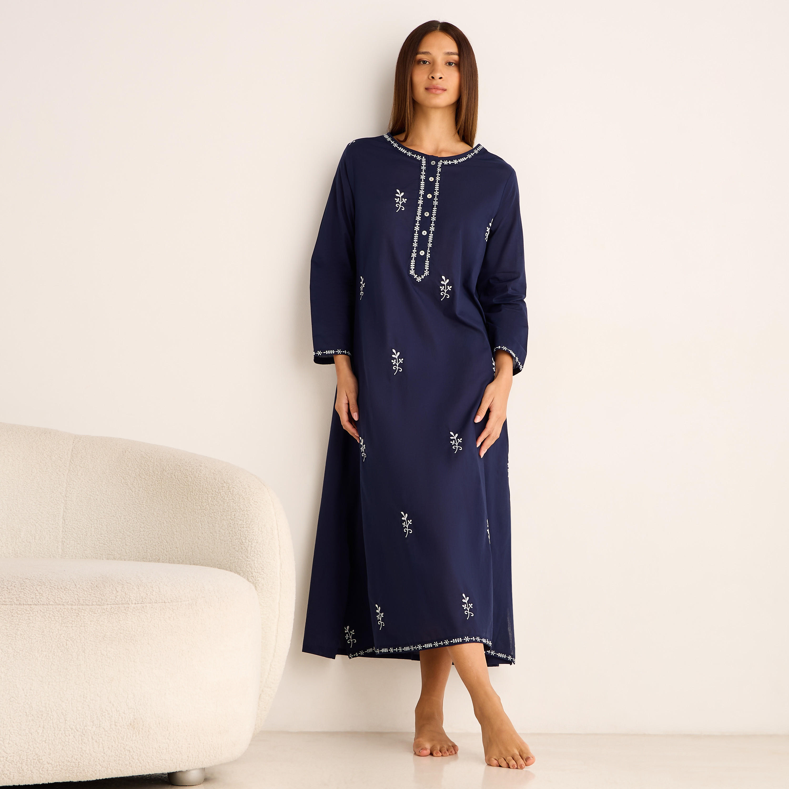 Night Gown Long Sleeves Floral Embroidery Cotton-women-clothing-nightwear-nighties-image-2