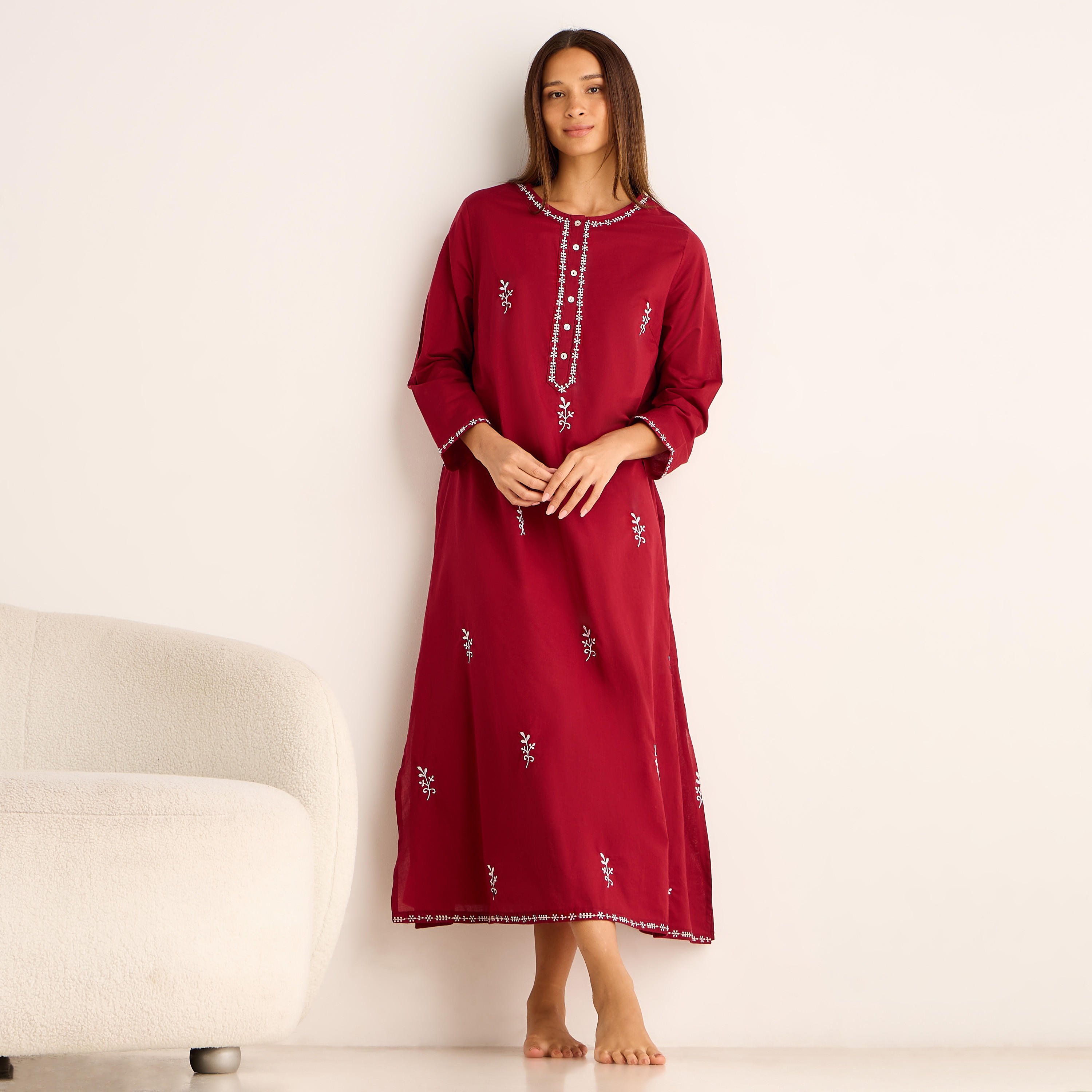 Night Gown Long Sleeves Floral Embroidery Cotton-women-clothing-nightwear-nighties-image-1