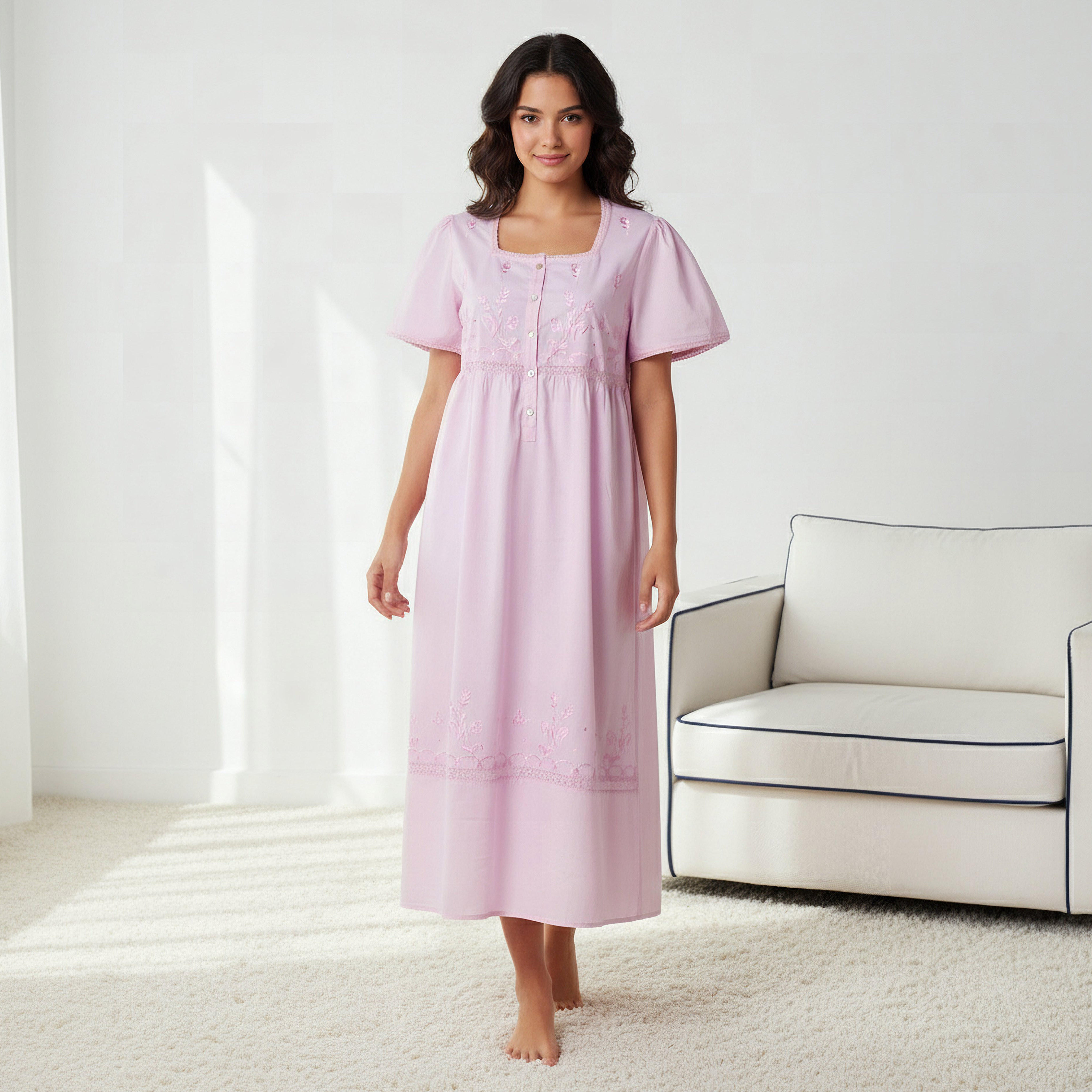 Night Dress with Short Sleeves and Embroidery Cotton-women-clothing-nightwear-nighties-image-1