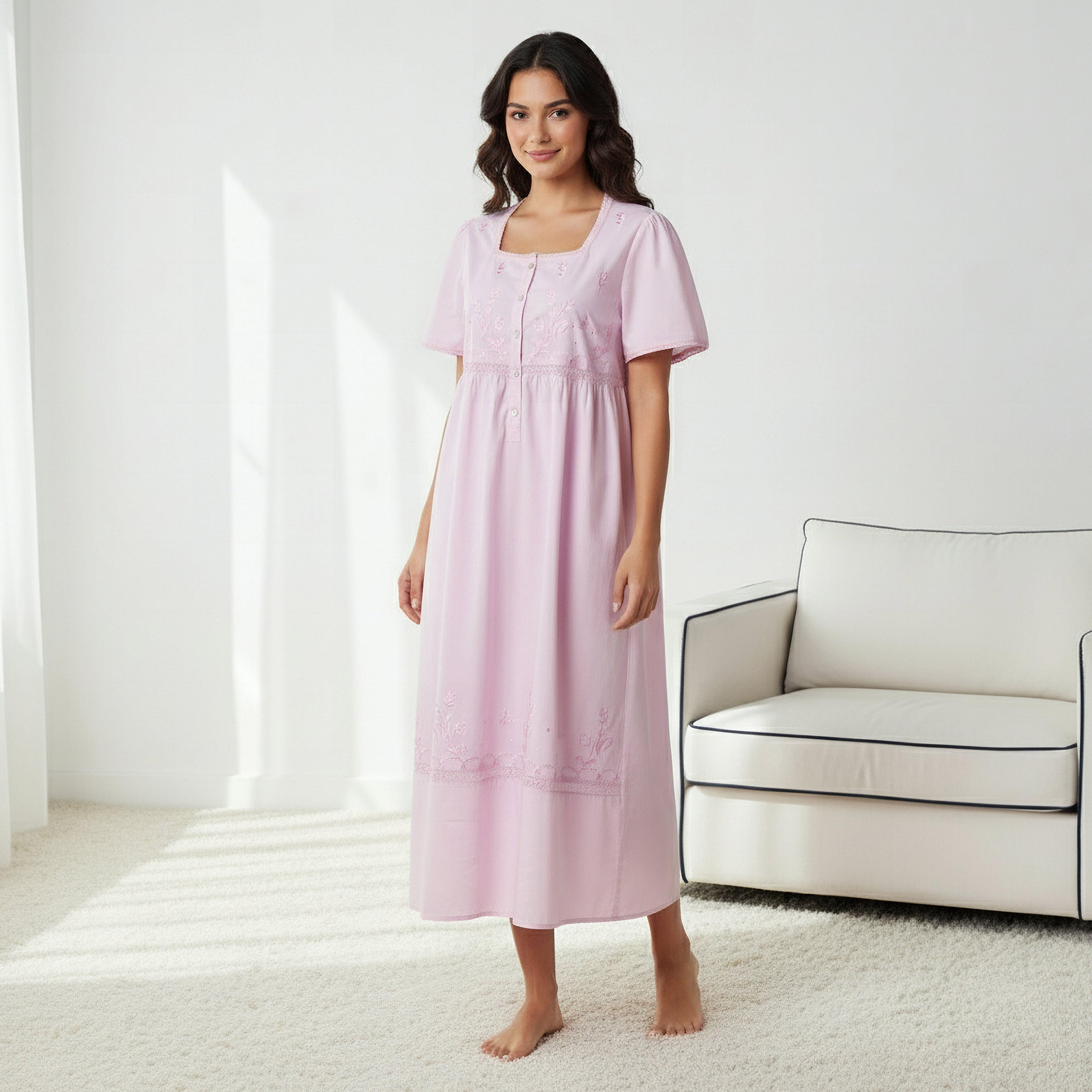 Night Dress with Short Sleeves and Embroidery Cotton-women-clothing-nightwear-nighties-image-2