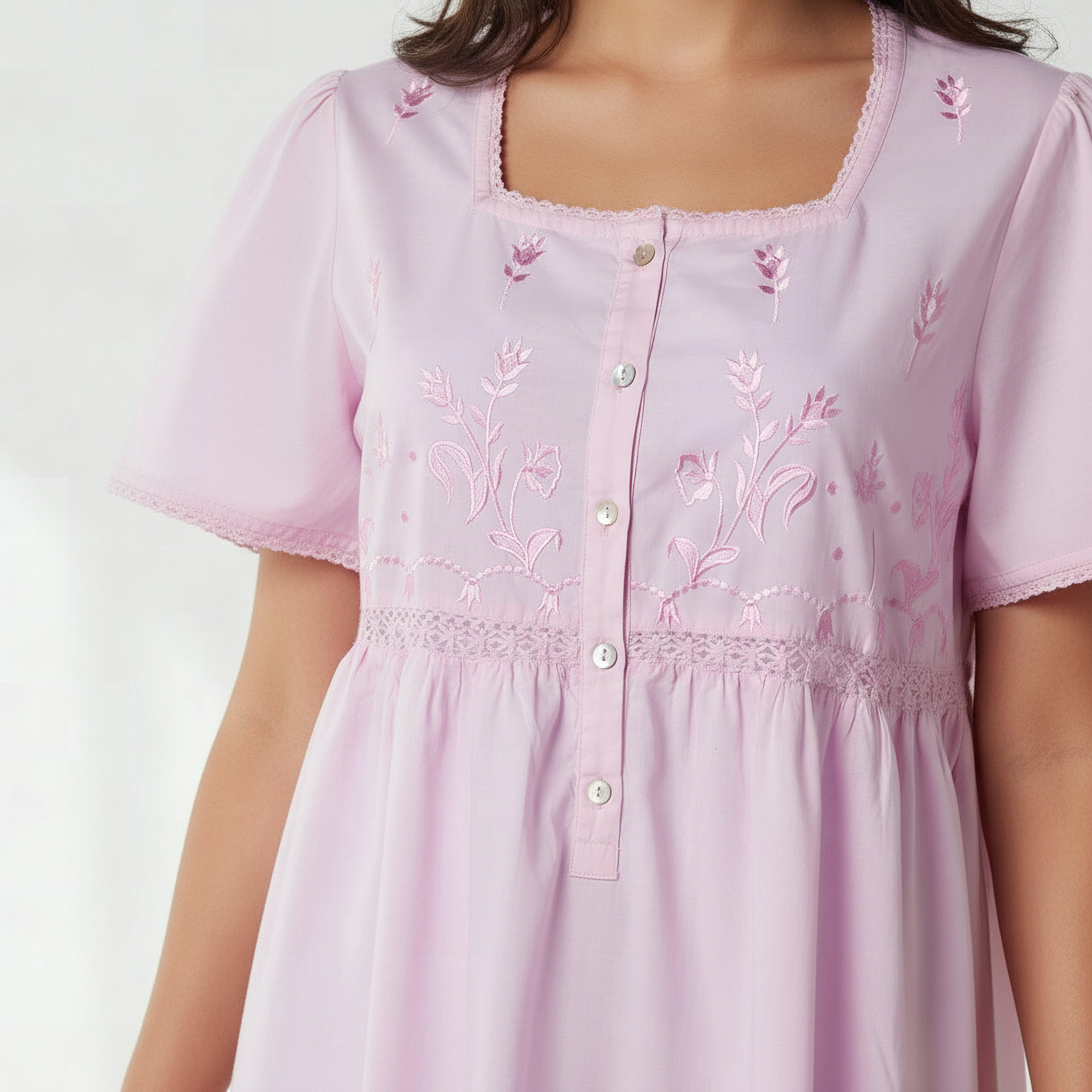 Night Dress with Short Sleeves and Embroidery Cotton-women-clothing-nightwear-nighties-image-4