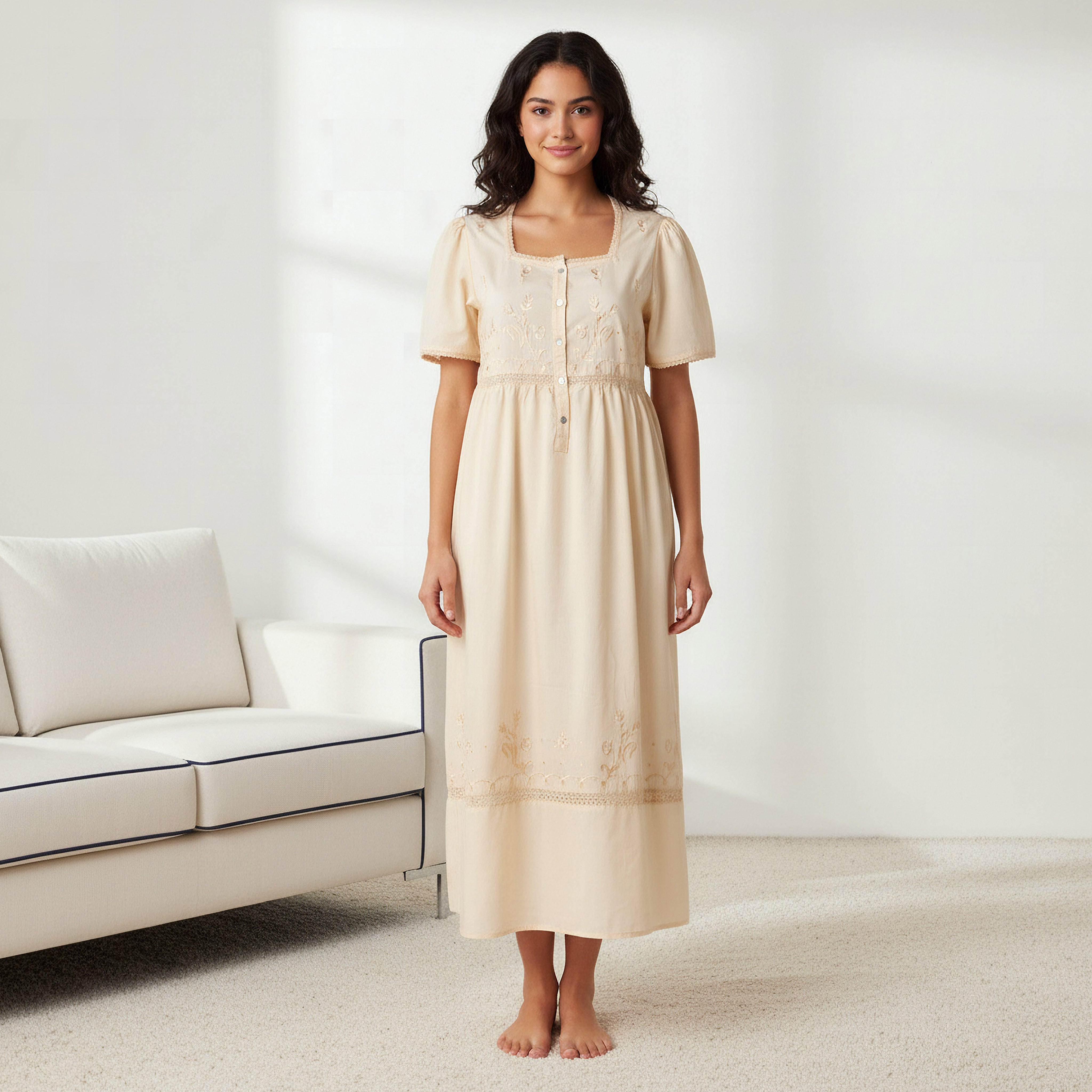 فستان نوم قطن بأكمام قصيرة وتطريز-women-clothing-nightwear-nighties-image-1