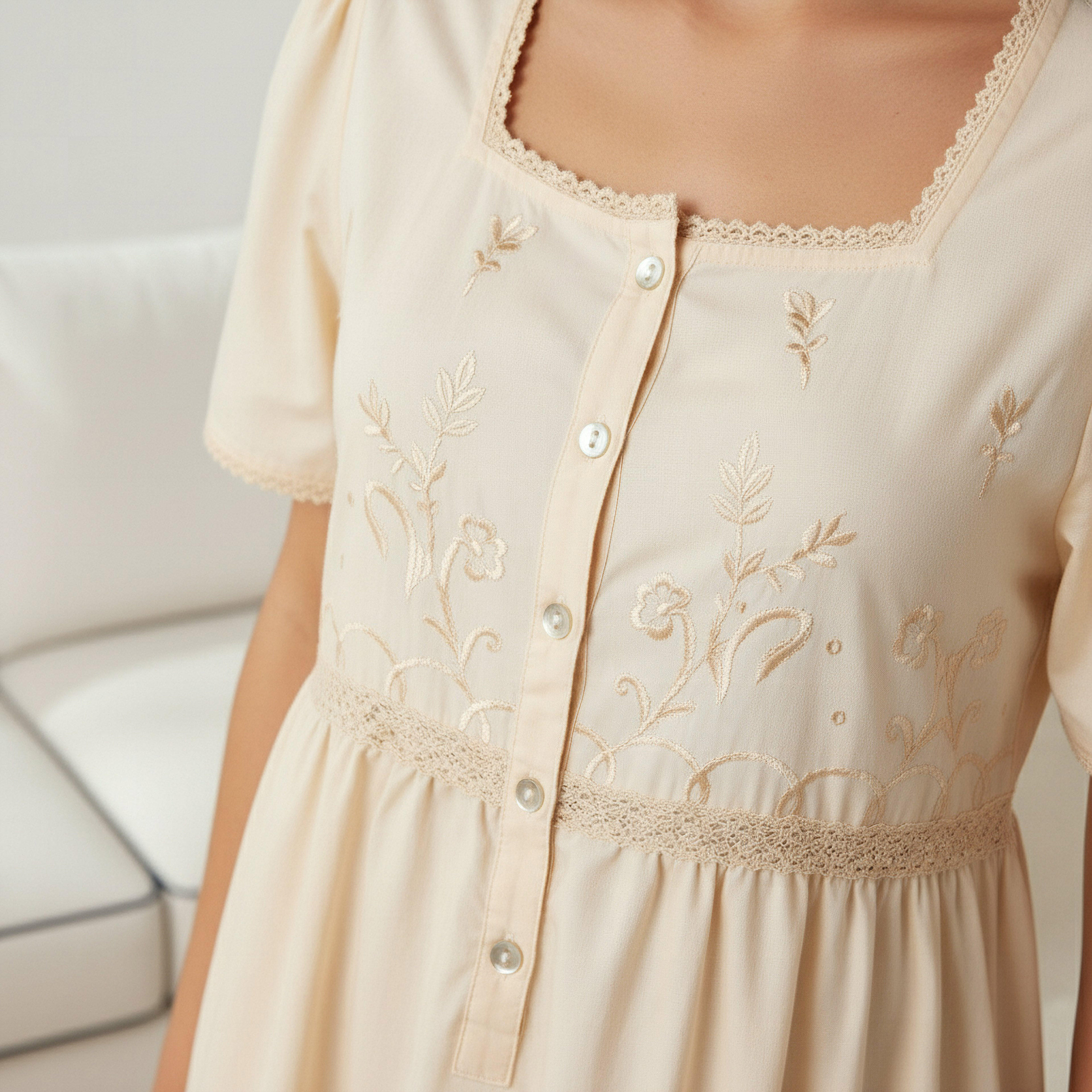 فستان نوم قطن بأكمام قصيرة وتطريز-women-clothing-nightwear-nighties-image-4
