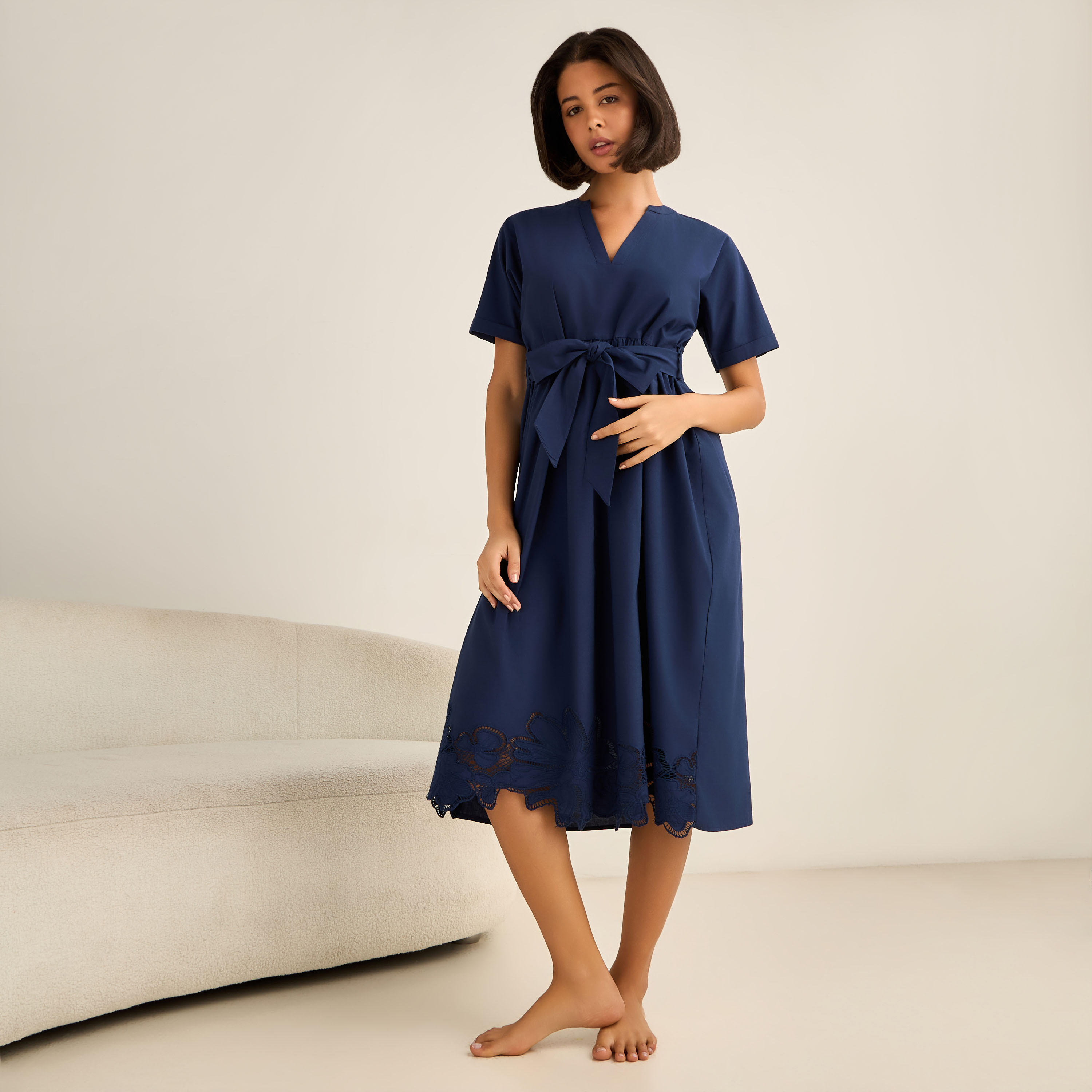Short Sleeve Viscose Night Dress with a Tie-up Belt-women-clothing-nightwear-nighties-image-1
