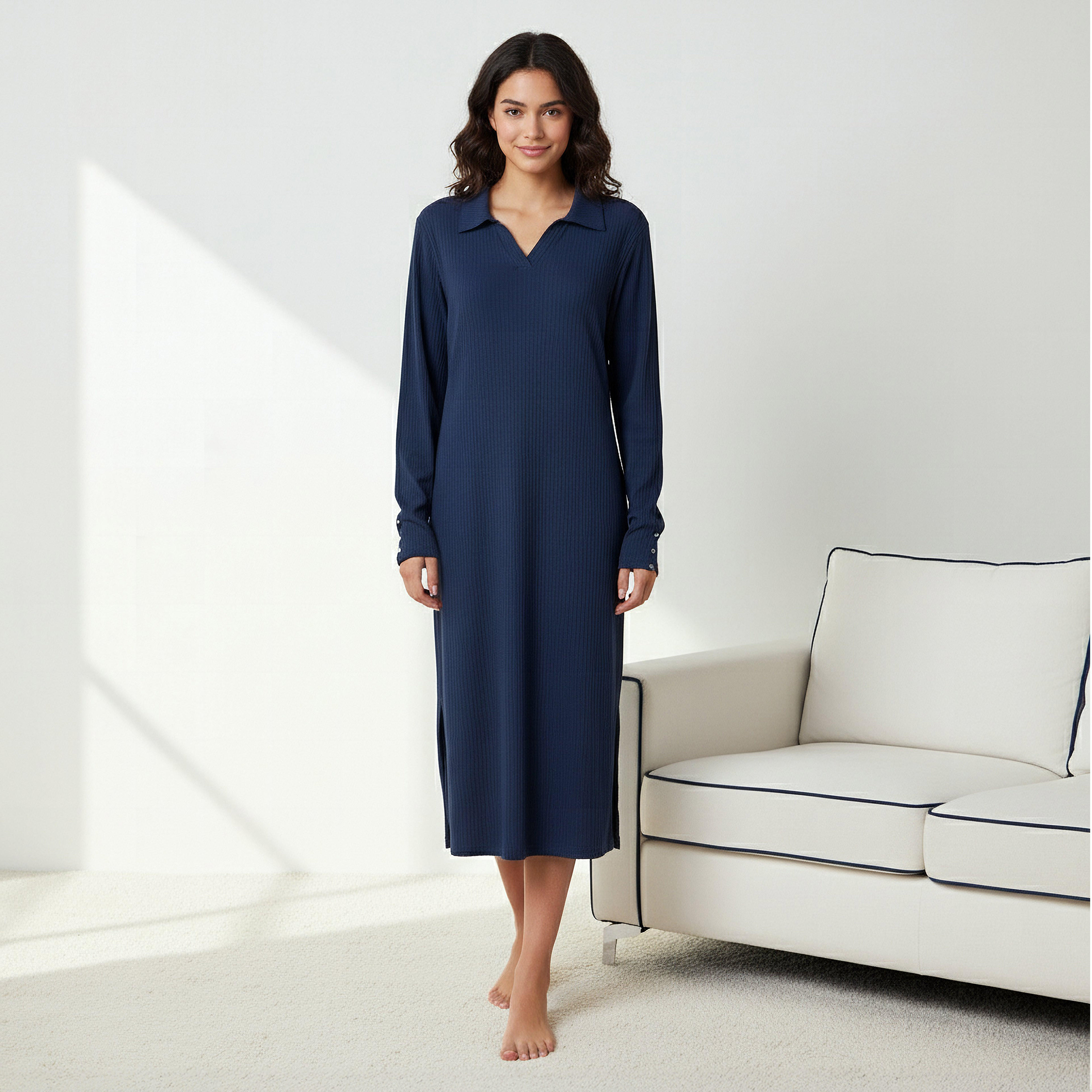 Night Dress with Long Sleeves and Collar-women-clothing-nightwear-nighties-image-1