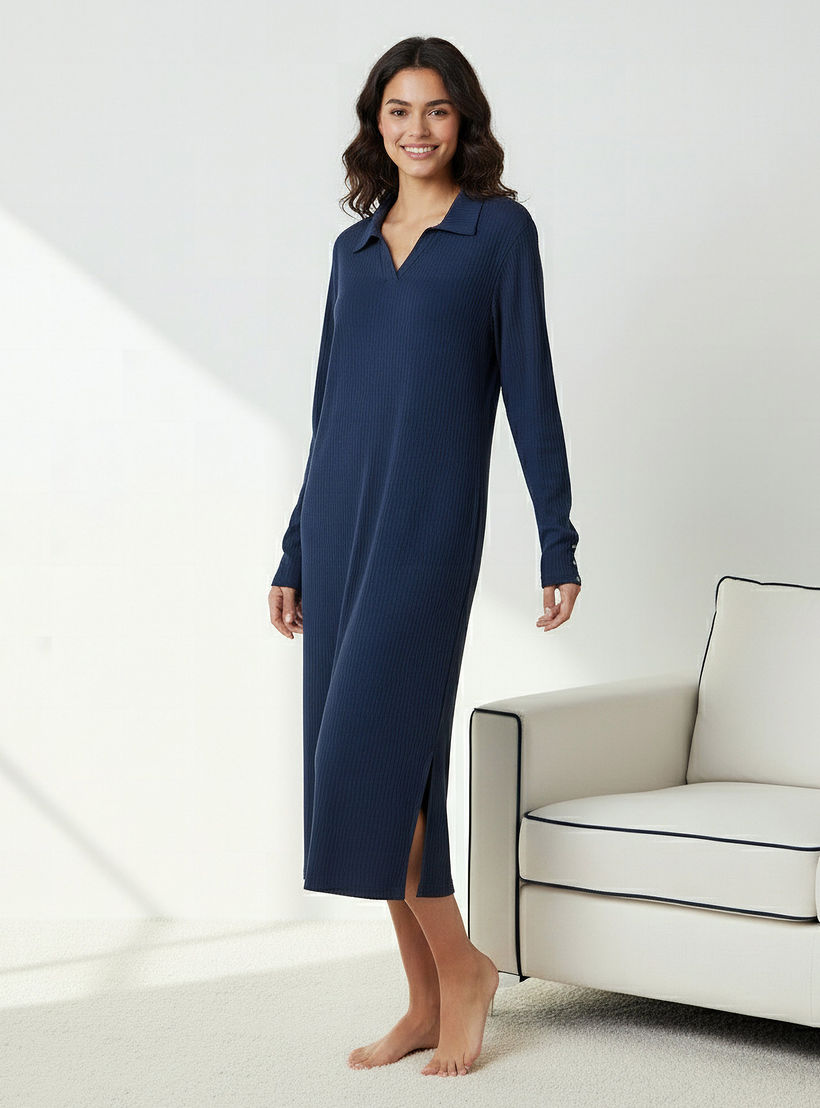 Night Dress with Long Sleeves and Collar-women-clothing-nightwear-nighties-image-2