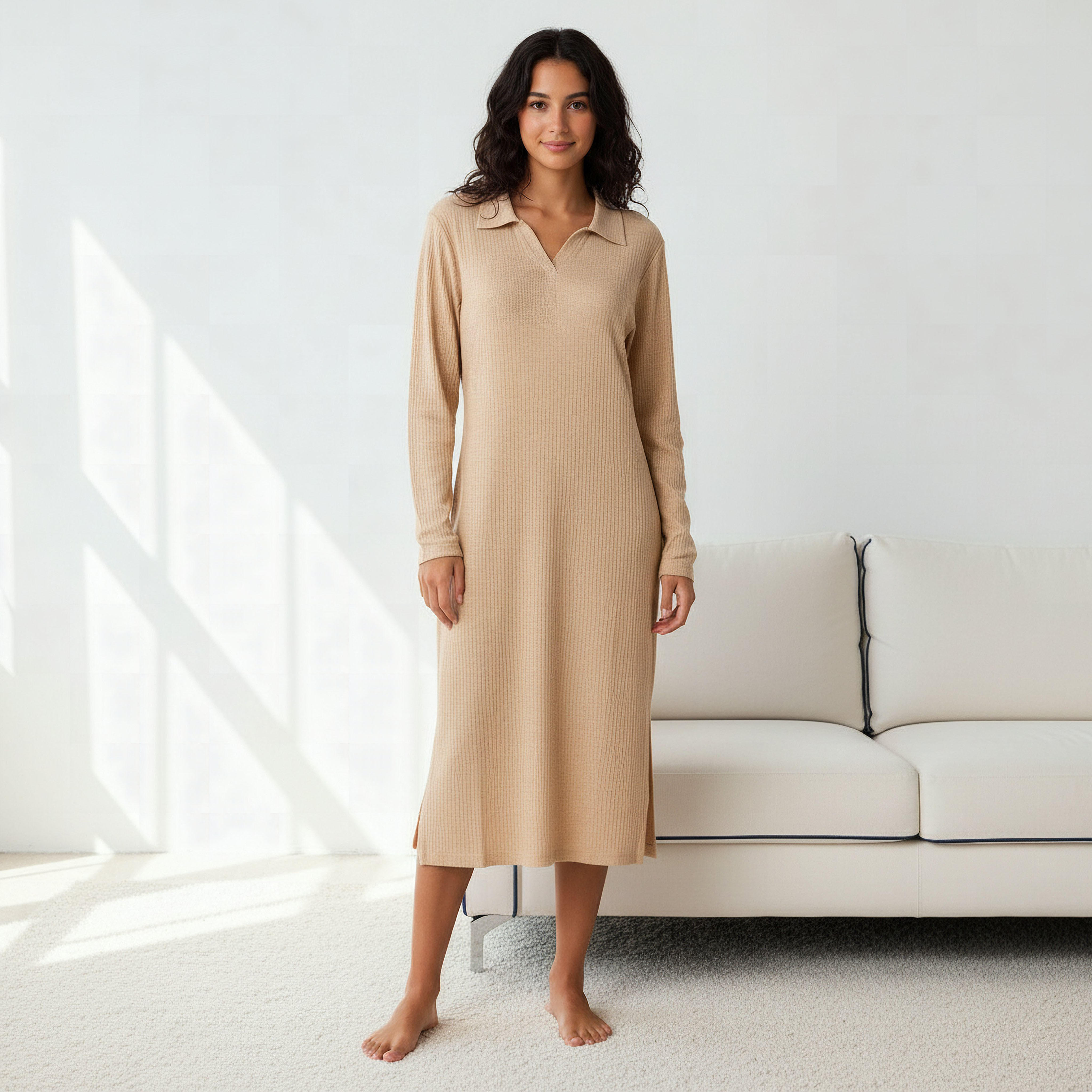 فستان نوم بأكمام طويلة وياقة عادية-women-clothing-nightwear-nighties-image-1