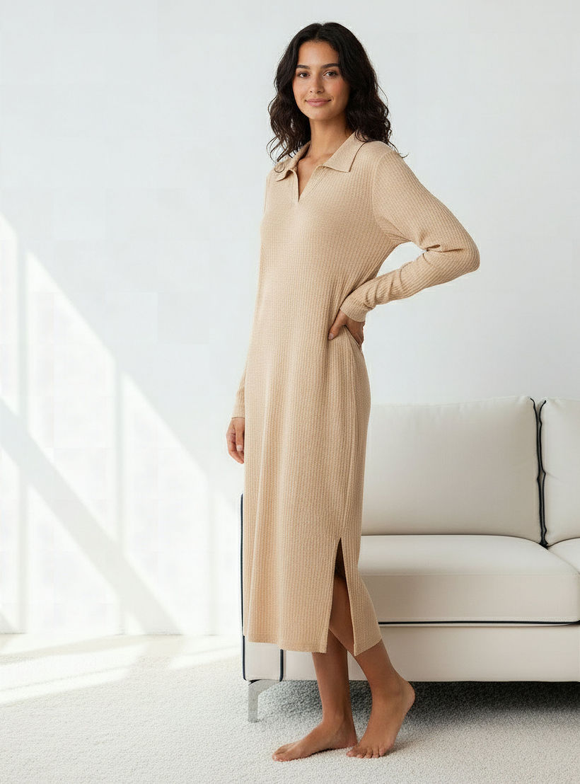 فستان نوم بأكمام طويلة وياقة عادية-women-clothing-nightwear-nighties-image-2